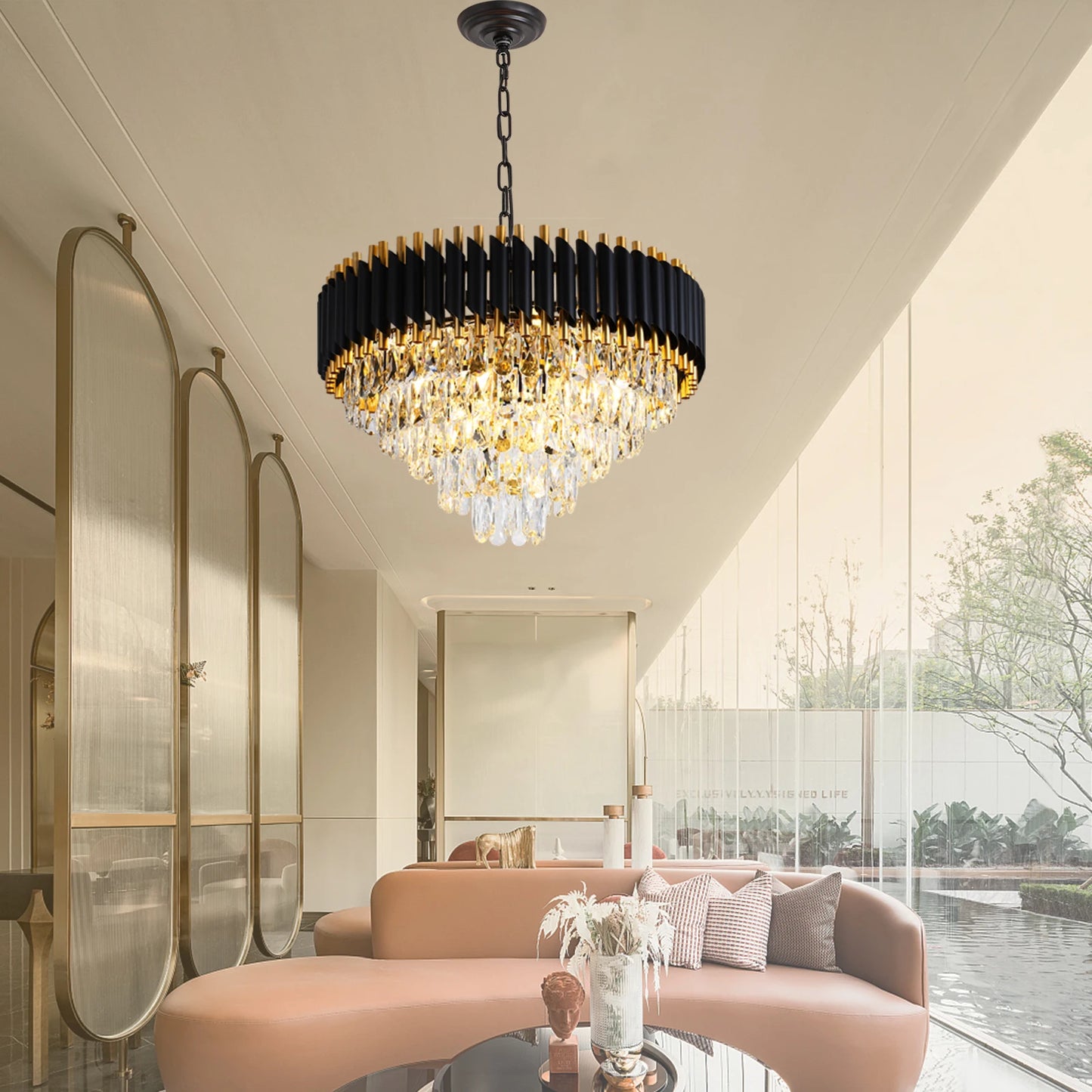 Modern Crystal Chandeliers 5-Tier K9 Round Black and GoldCrystal Chandeliers Light Fixture 12 Lights