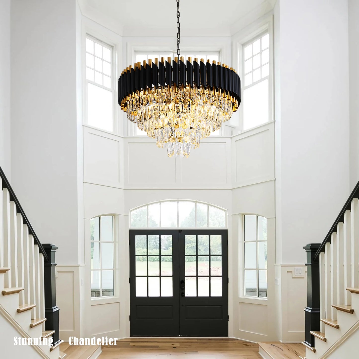 Modern Crystal Chandeliers 5-Tier K9 Round Black and GoldCrystal Chandeliers Light Fixture 12 Lights