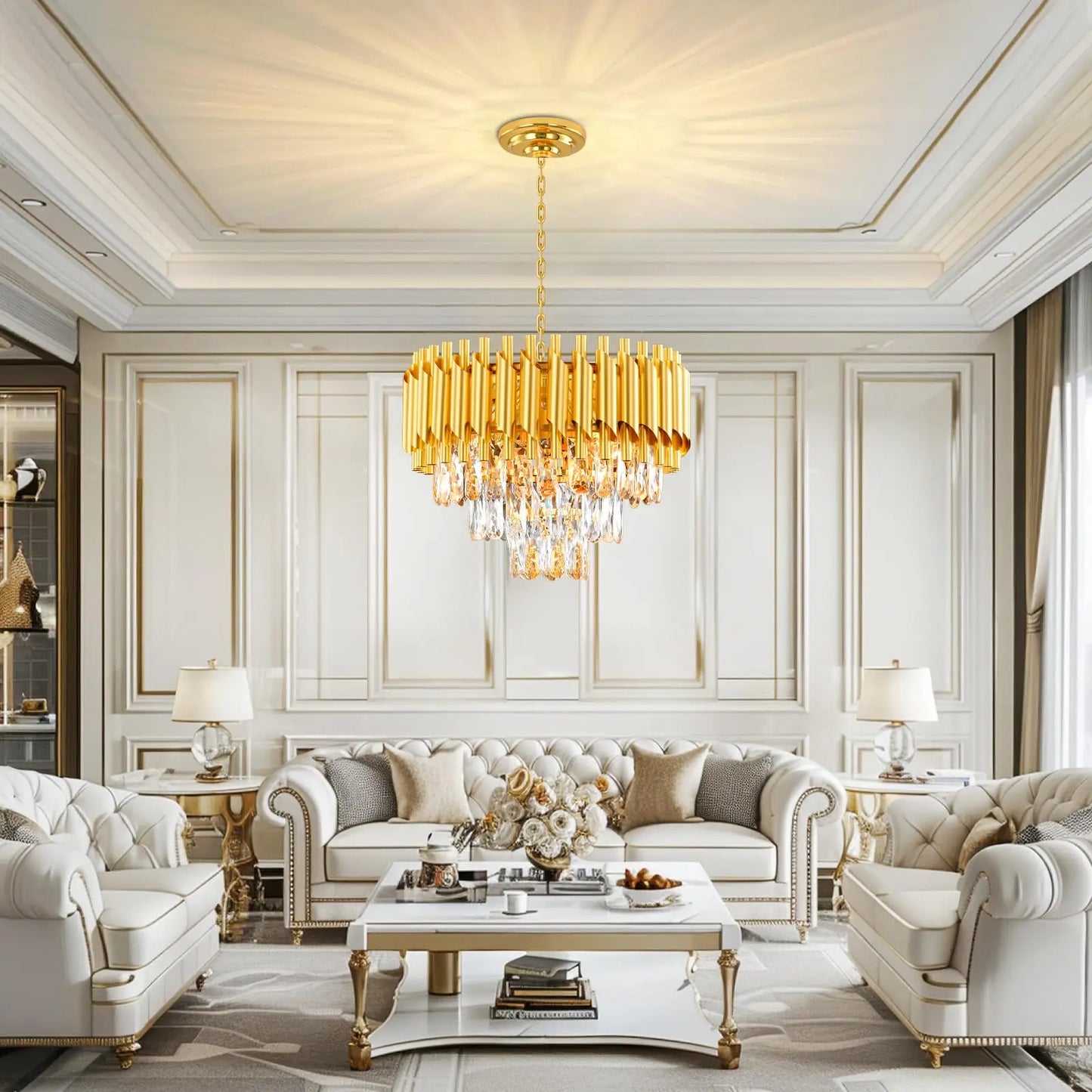 Modern Crystal Chandeliers,Crystal Pendant Light Fixture, 3-Tier Flush Mount Crystal Ceiling Light Raindrop for Dining Room Livi