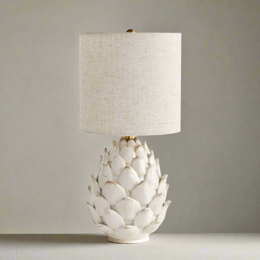 Vintage Artichoke Ceramic Table Lamp with Linen Shade
