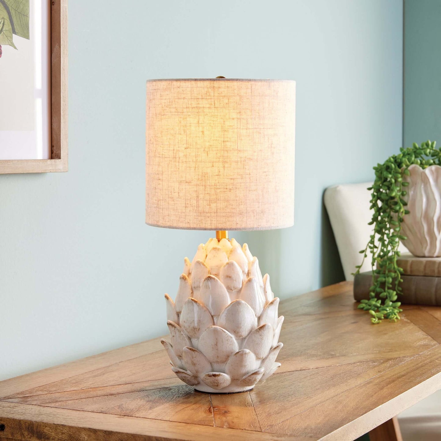 Vintage Artichoke Ceramic Table Lamp with Linen Shade