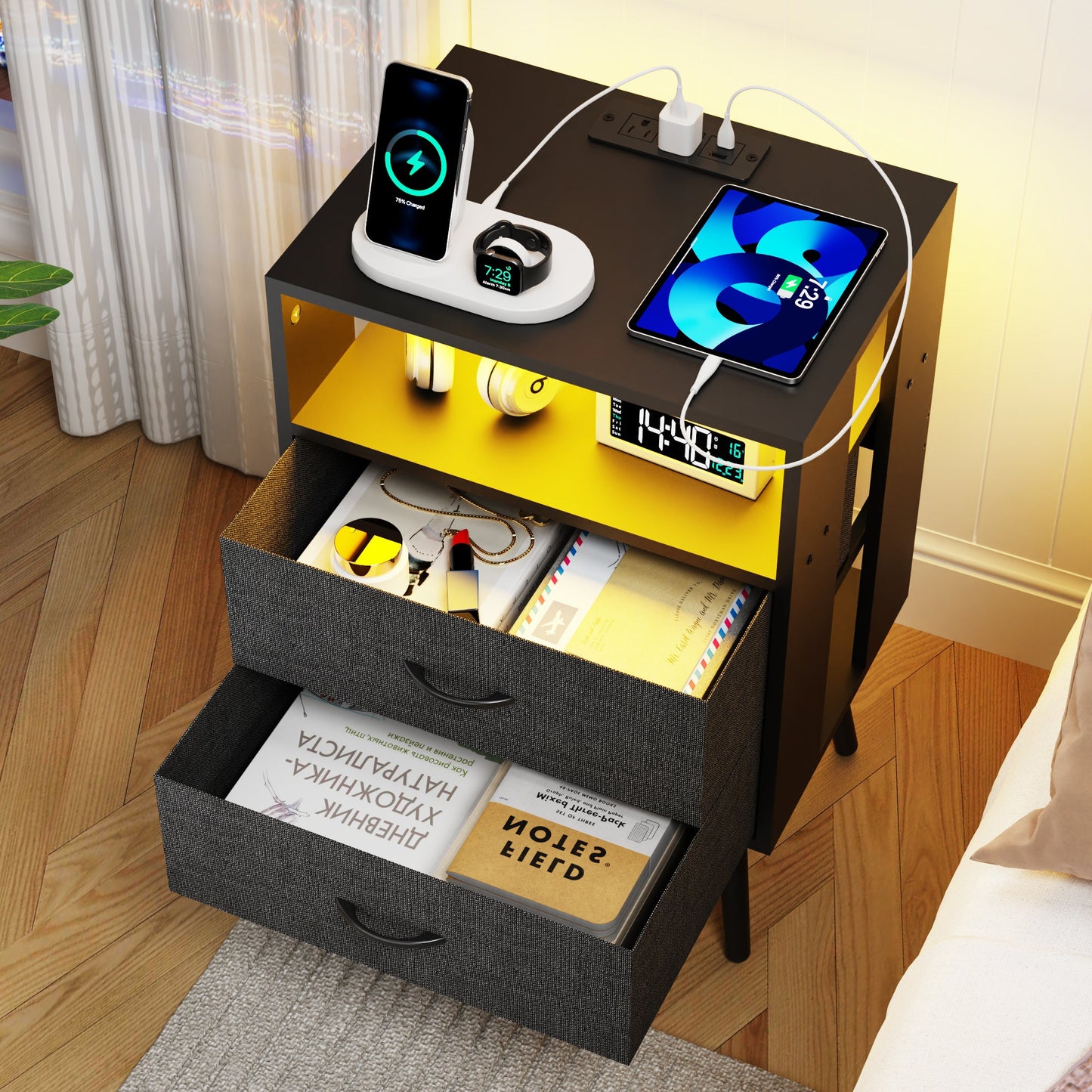2 Pack Modern Nightstand with Charging Station, Bedside Tables with LED Light and Fabric Drawers