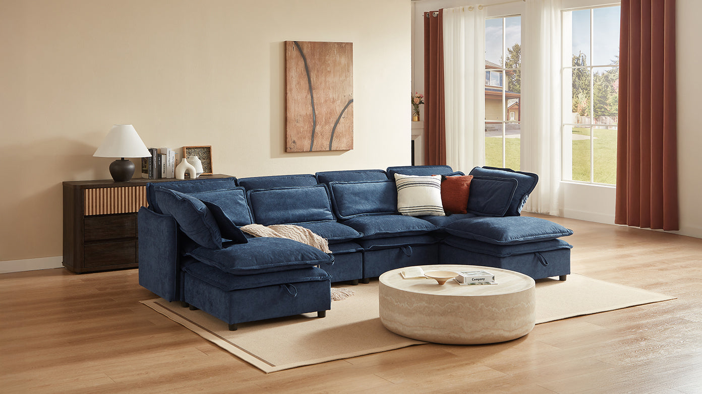 U_Style Double-Layer Cushion Modern Large U-Shaped Modular Sofa, Freely Combinable 6-Seater with Storage Function, Convertible to Sofa Bed, Perfect for Living Rooms, Offices, and Apartments