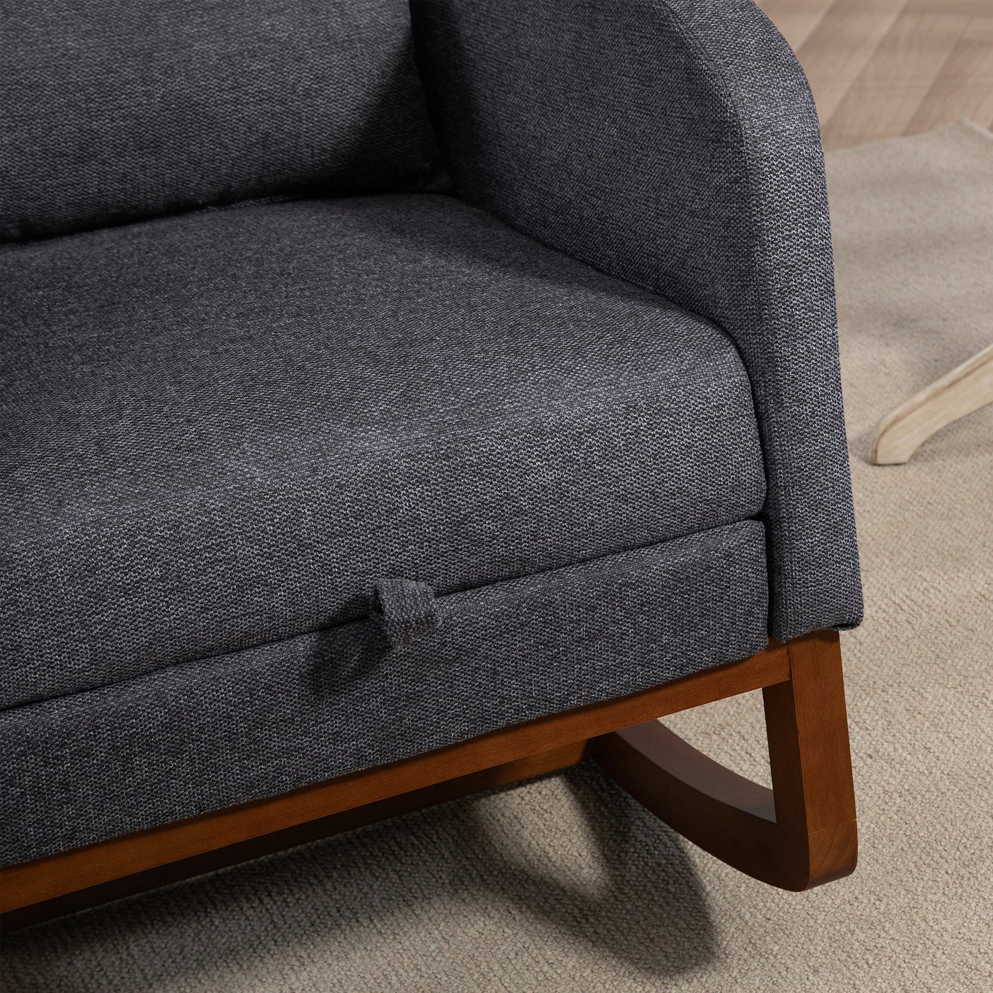 25.4'W Modern Rocking Chair for Nursery, Mid Century Accent Arm Rocker With Retractable Footrest, Side Pocket, Comfy Upholstered Wingback Wooden Glider Chair for Living Room Baby Kids Room. Charcoal