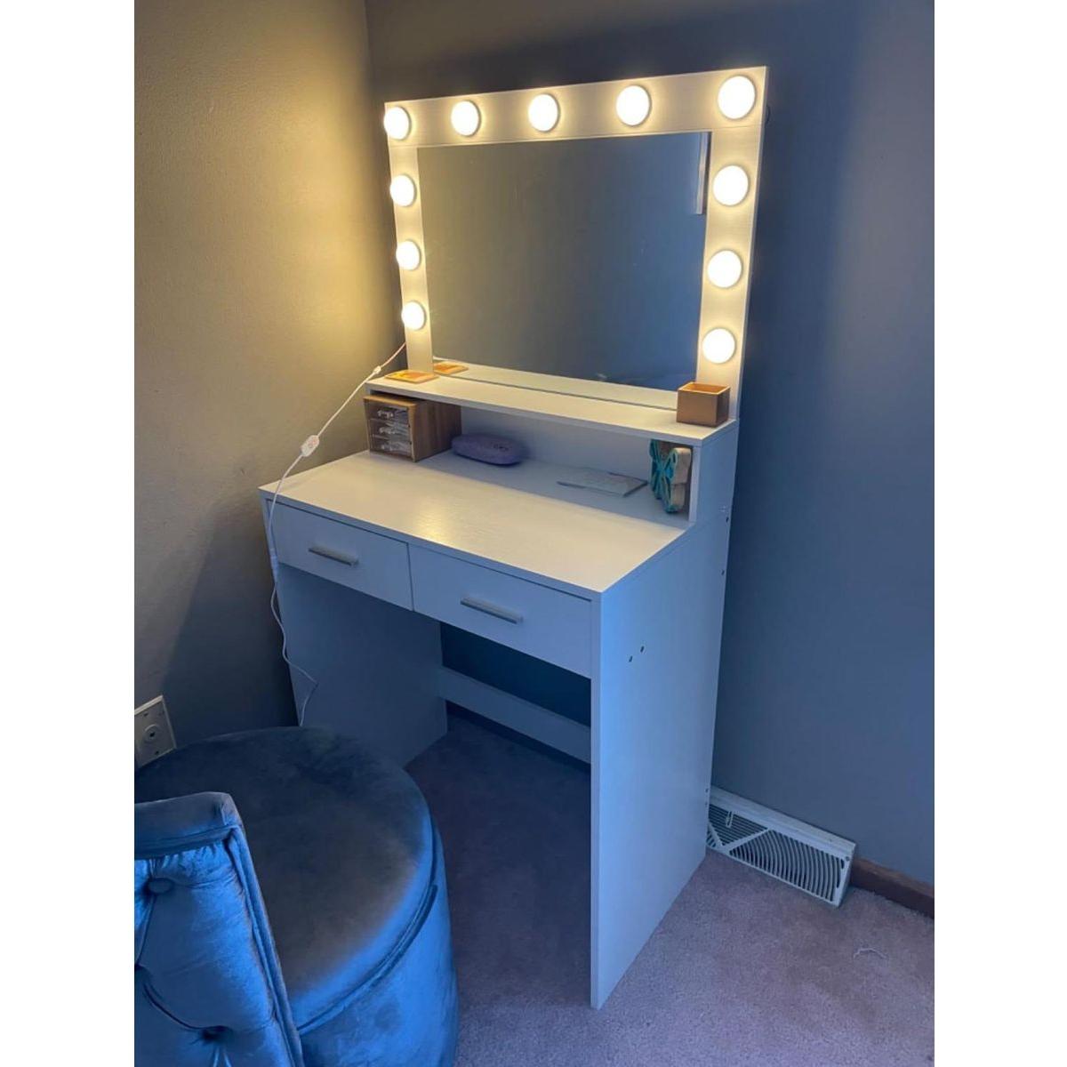 Vanity Desk with Mirror and Lights, Dressing Table with Large Drawer, 2 Level Storage Dresser & 3 Lighting Modes Adjustable Brightness, Suitable for Bedroom(White)
