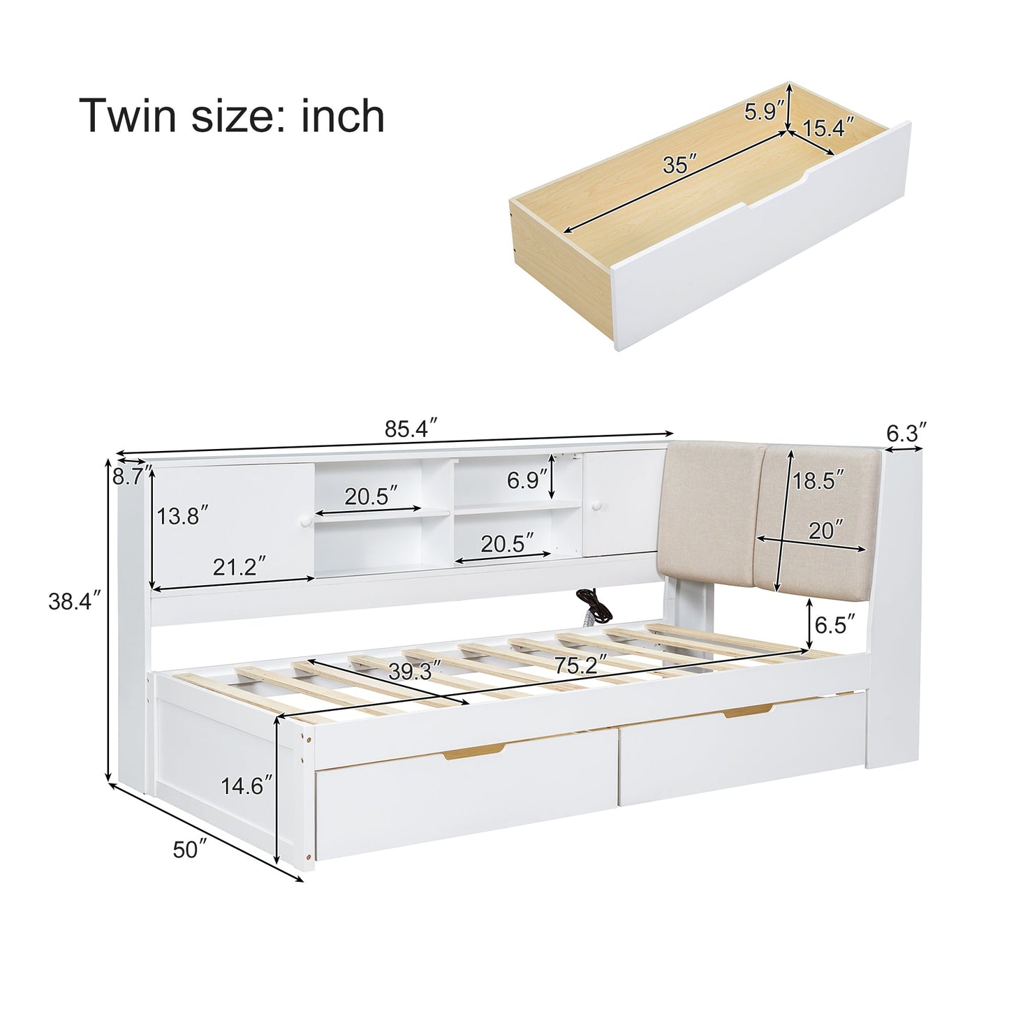 Wooden Twin Size L-shaped Daybed Corner Bed Under-bed Drawers with Storage Bookcase and Upholstered Headboard and USB Charging Ports for Limited Space,White