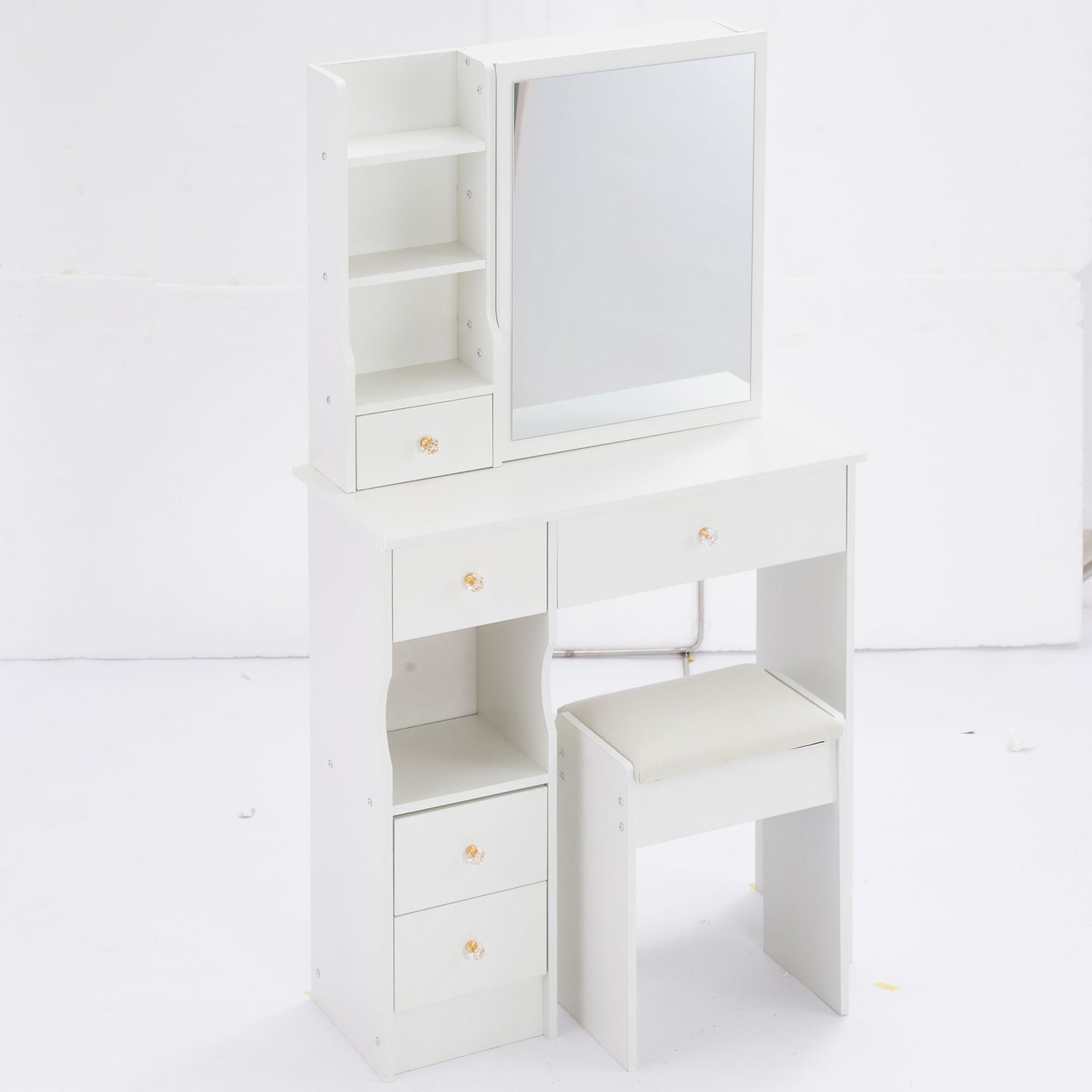 29.2' Small Size Left Drawer Desktop Vanity Table + Cushioned Stool, Extra Large Right sliding mirror, Multi Layer High Capacity Storage, Practical Fashionable Dresser, Suitable For Small Space