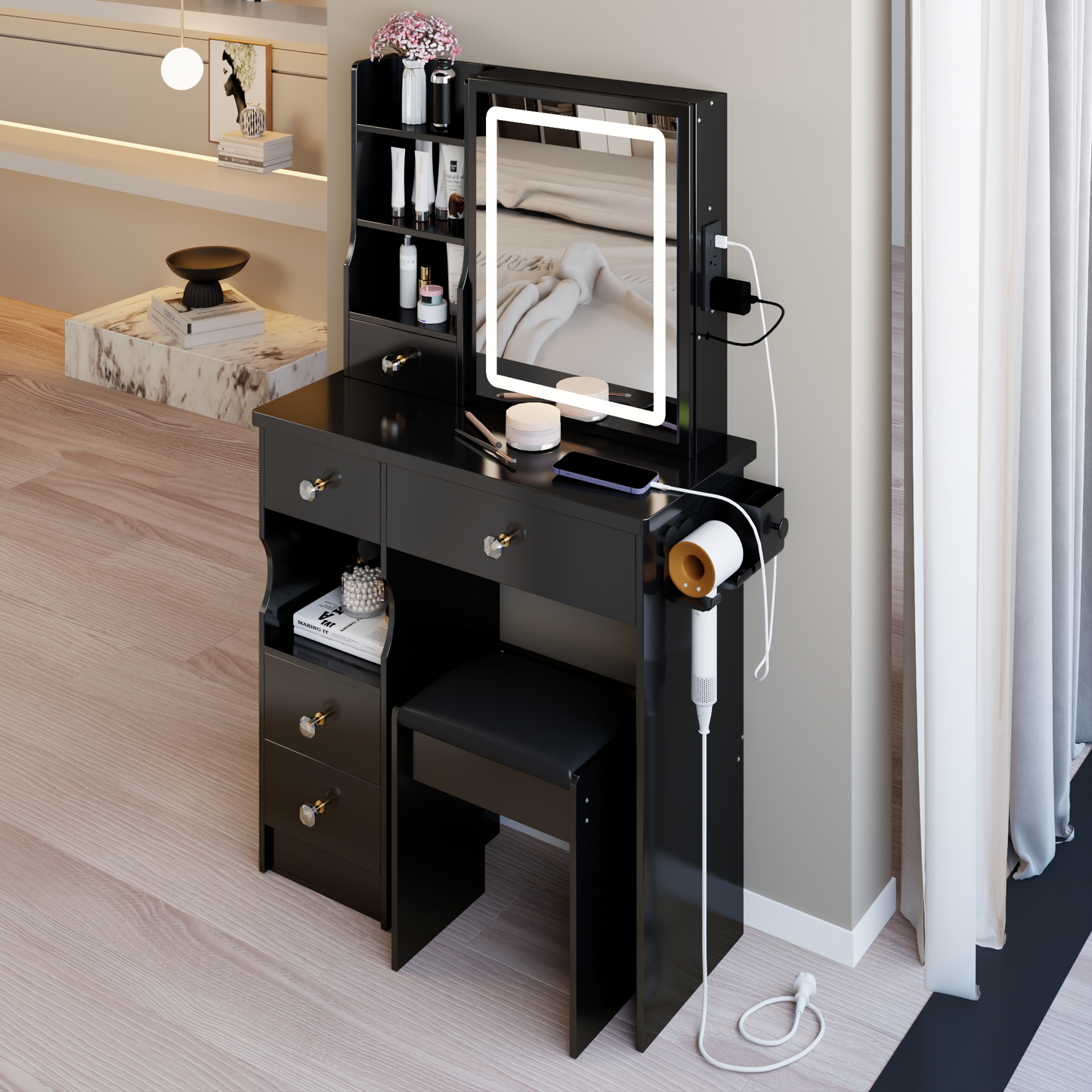 29.2' Small Size Left Drawer Desktop Vanity Table + Cushioned Stool, 2 AC+2 USB Power Station, Hair dryer bracket, Extra Large Touch Control Sliding LED Mirror, Tri-color Switching, Brightness Adjust
