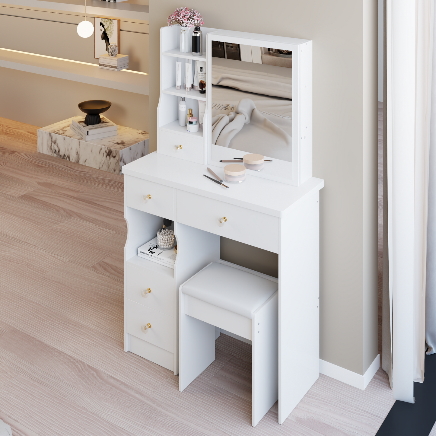 29.2' Small Size Left Drawer Desktop Vanity Table + Cushioned Stool, Extra Large Right sliding mirror, Multi Layer High Capacity Storage, Practical Fashionable Dresser, Suitable For Small Space