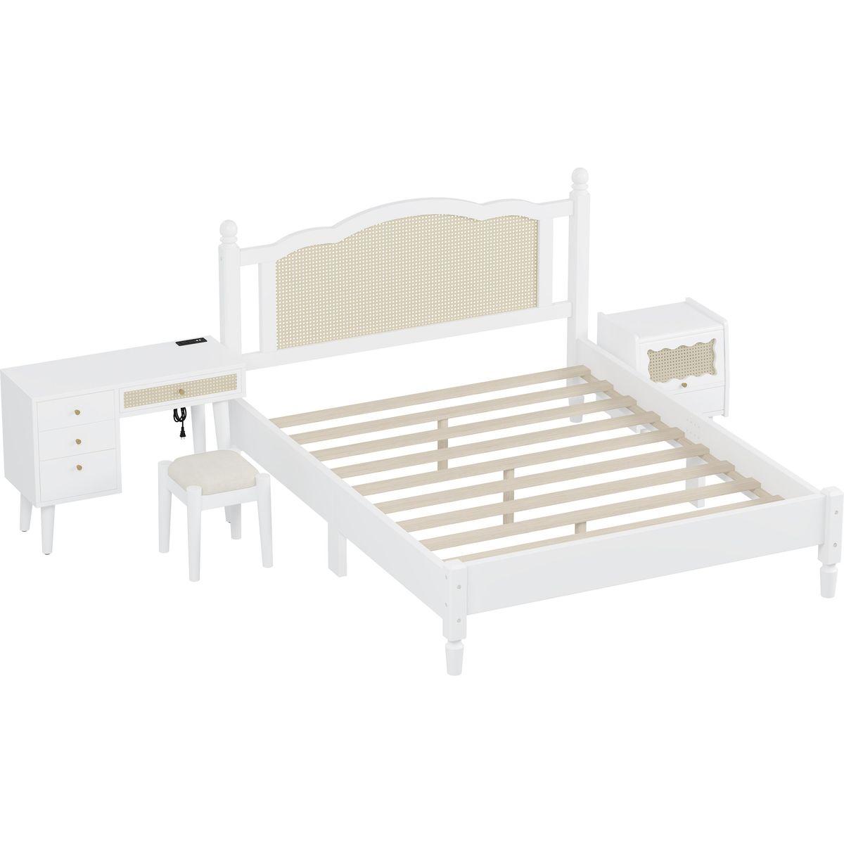 3 Pieces Bedroom Set with Queen Size Wooden Bed Frame, 1 Vintage Nightstand and 1 Makeup Vanity Set with Stool,White