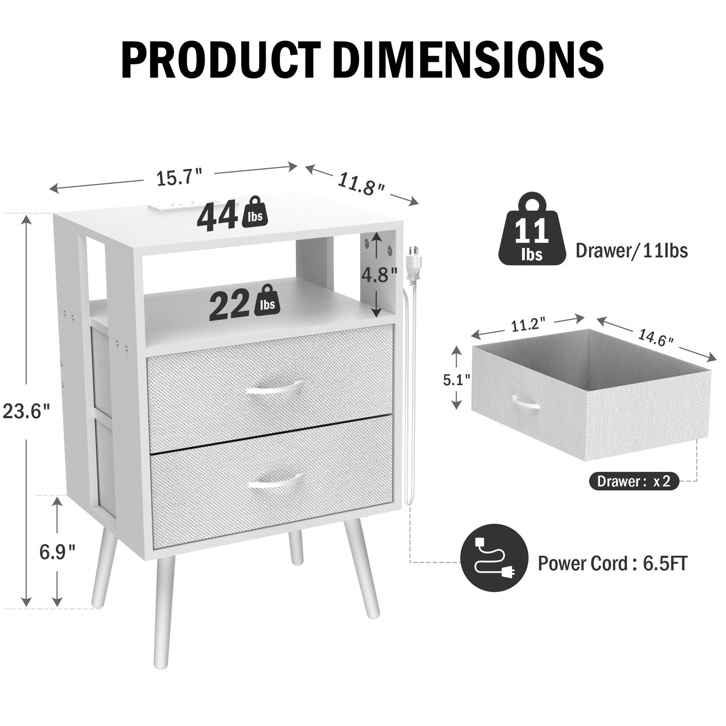 2 Pack Modern Nightstand with Charging Station, Bedside Tables with LED Light and Fabric Drawers