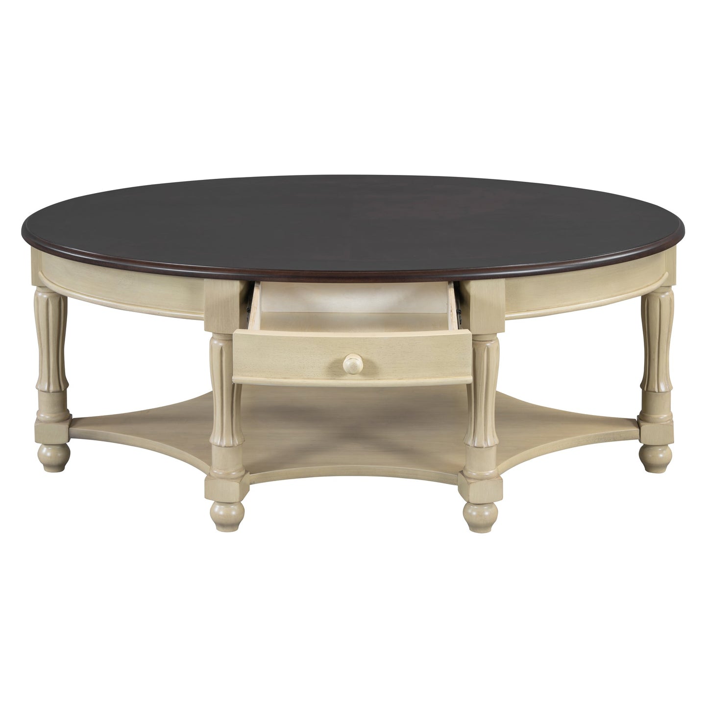 Vintage Oval Coffee Table with Drawer and Storage Shelf, Antique Cocktail Table in 45', French Country Accent Table for Living Room,Beige and Espresso