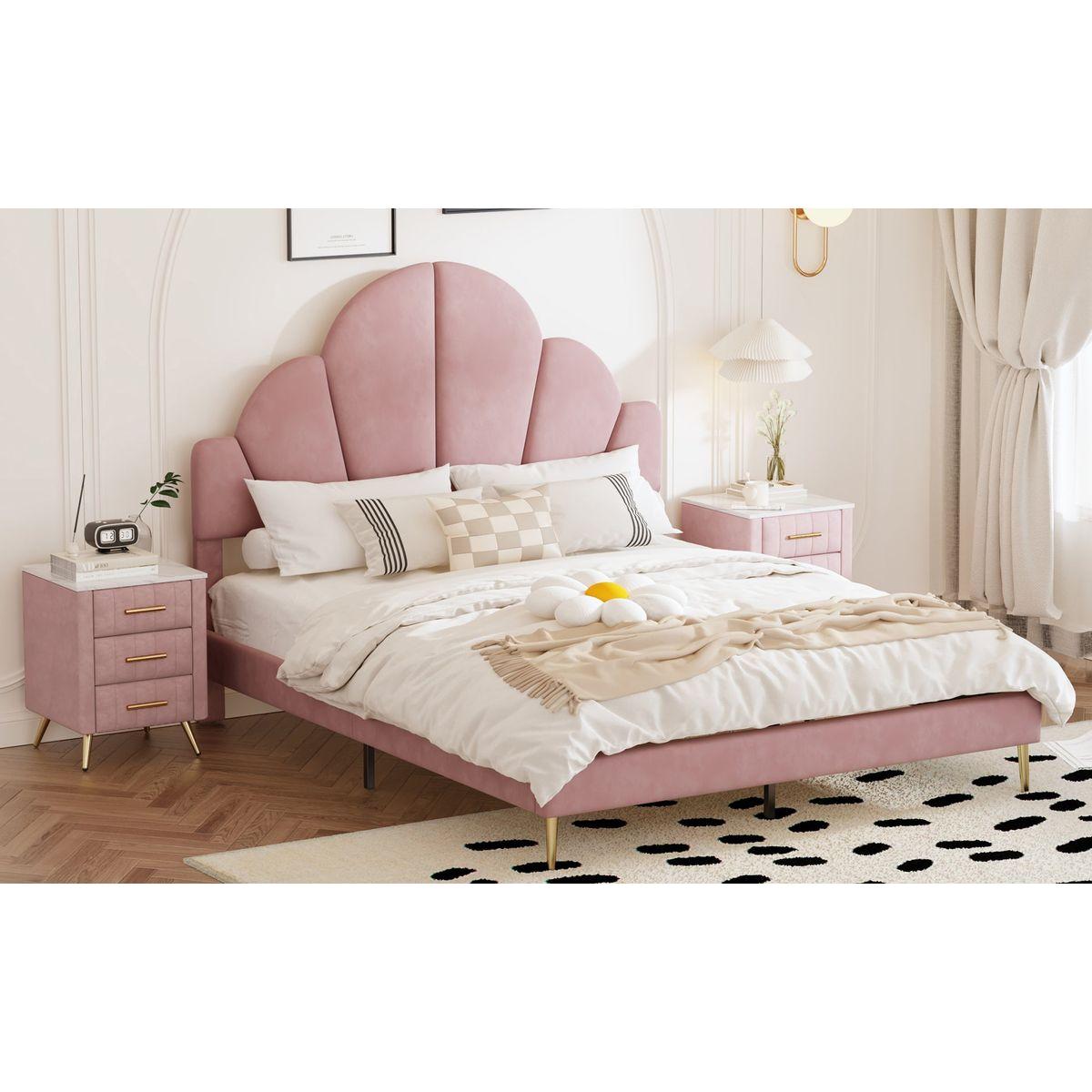 3 Pieces Bedroom Sets, Queen Size Modern Velvet Upholstered Bed Frame with Petal Shape Headboard, 3 Drawers Nightstands, Pink