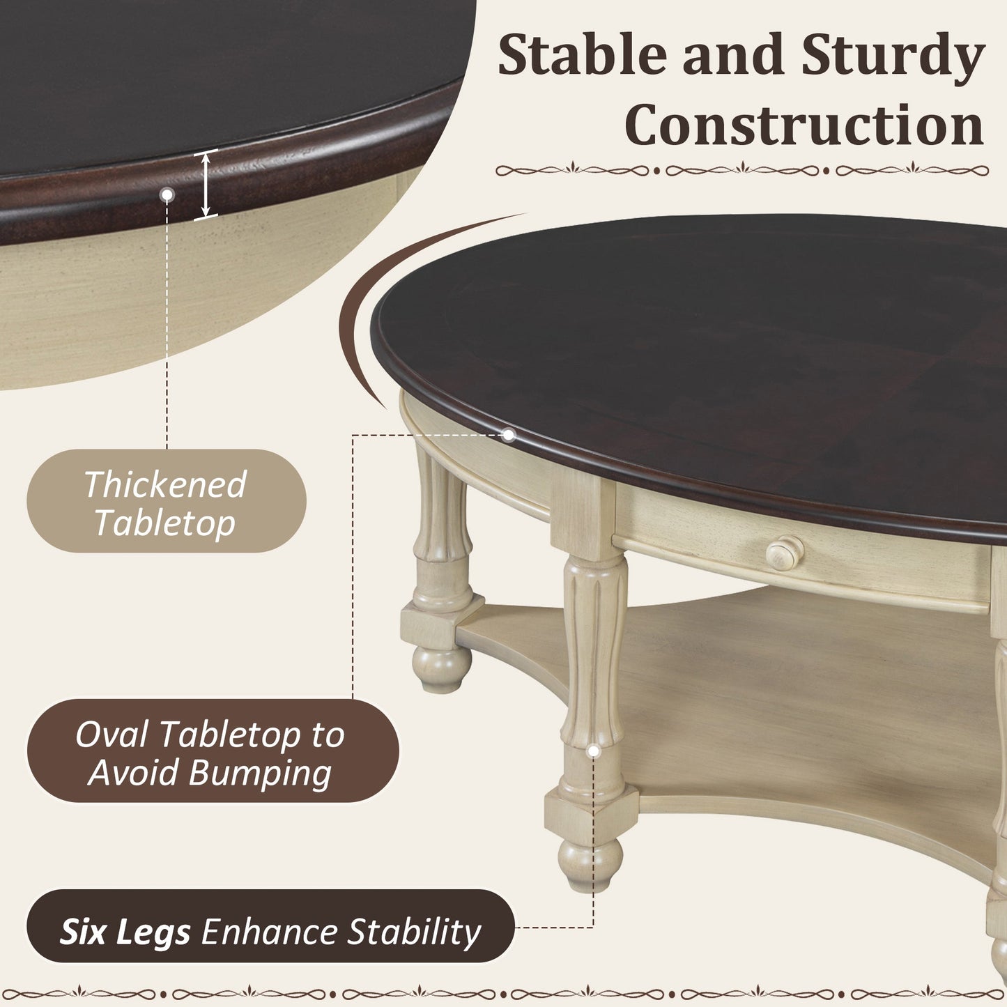 Vintage Oval Coffee Table with Drawer and Storage Shelf, Antique Cocktail Table in 45', French Country Accent Table for Living Room,Beige and Espresso