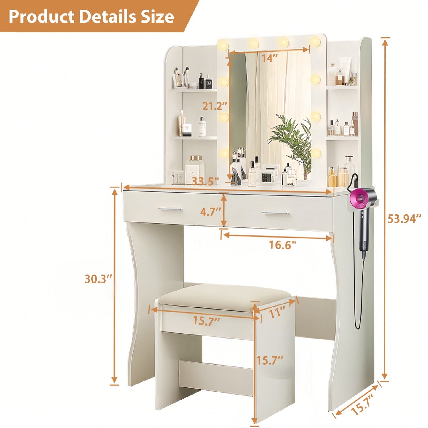 Vanity Desk Set with Mirror & Adjustable Lights, Power Outlet and Hair Dryer Rack, 2 Drawers and 6 Shelves, Includes Cushioned Stool, White MDF
