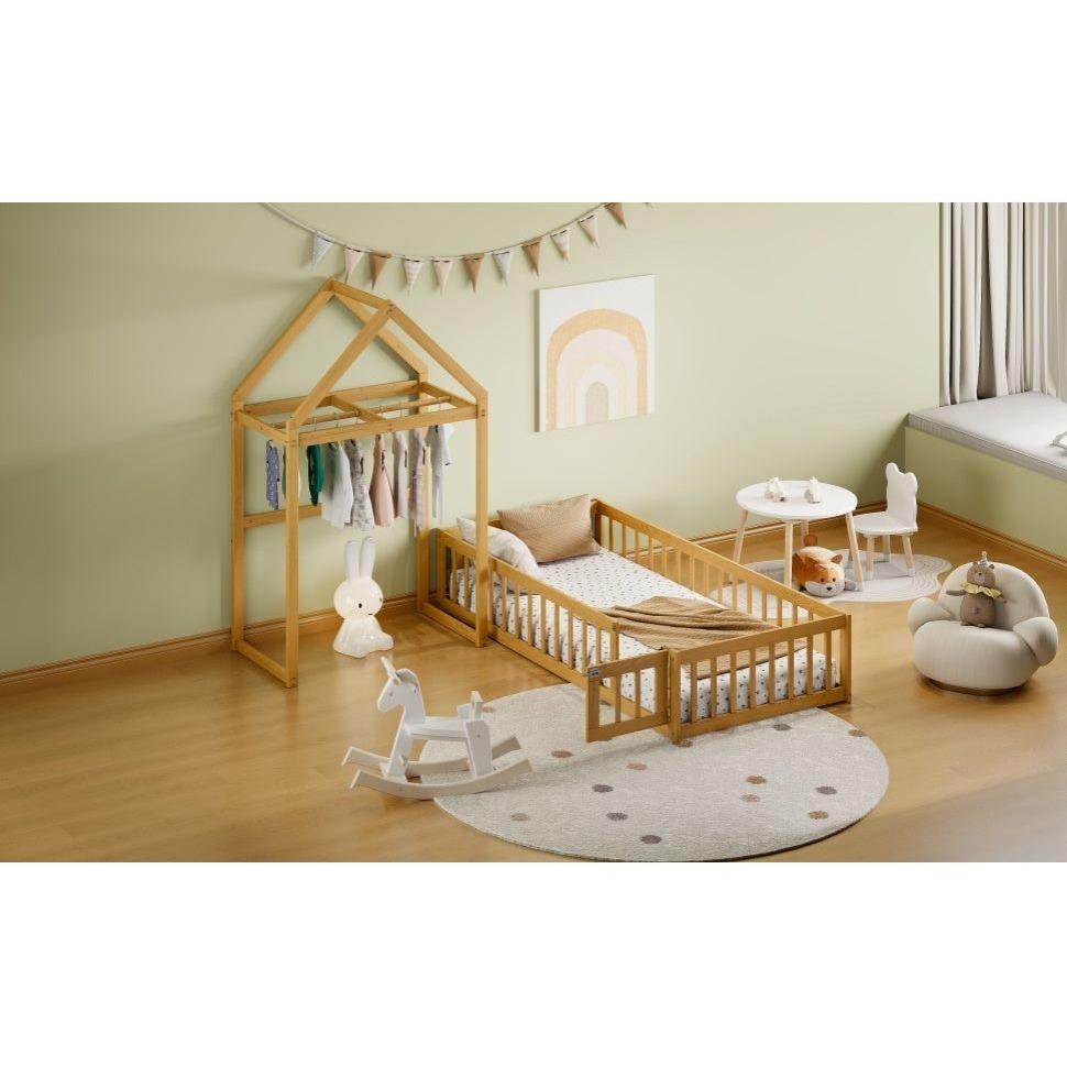Wooden Floor Bed with Fence Railings and Detachable House Shape Headboard, Twin Size Bed with Kids Dress Up Rack, Kids Montessori Style Playhouse Frame for Girls Boys, Natural