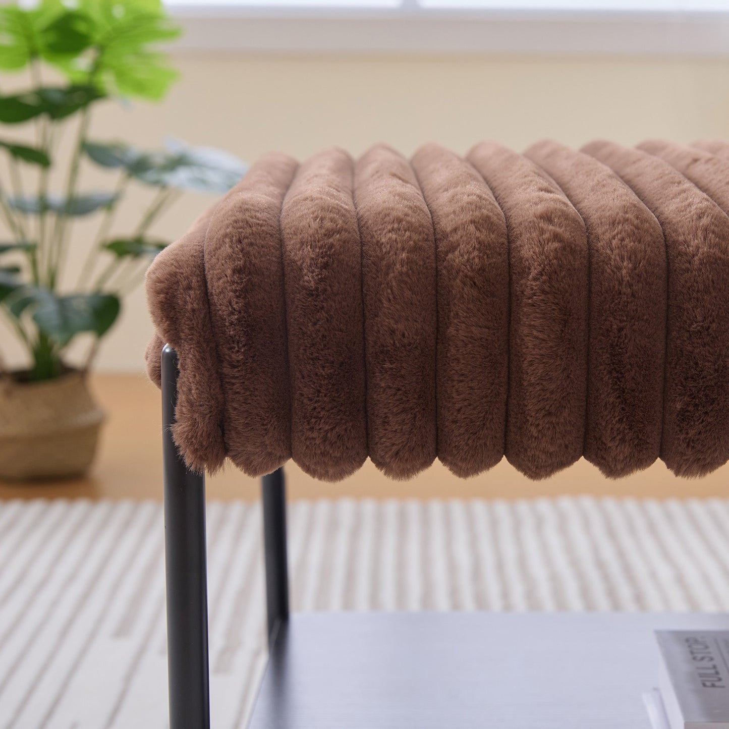 Upholstered Ottoman Coffee Table Foot Rest with Black Metal Legs and Wooden Storage, Faux Fur, Brown