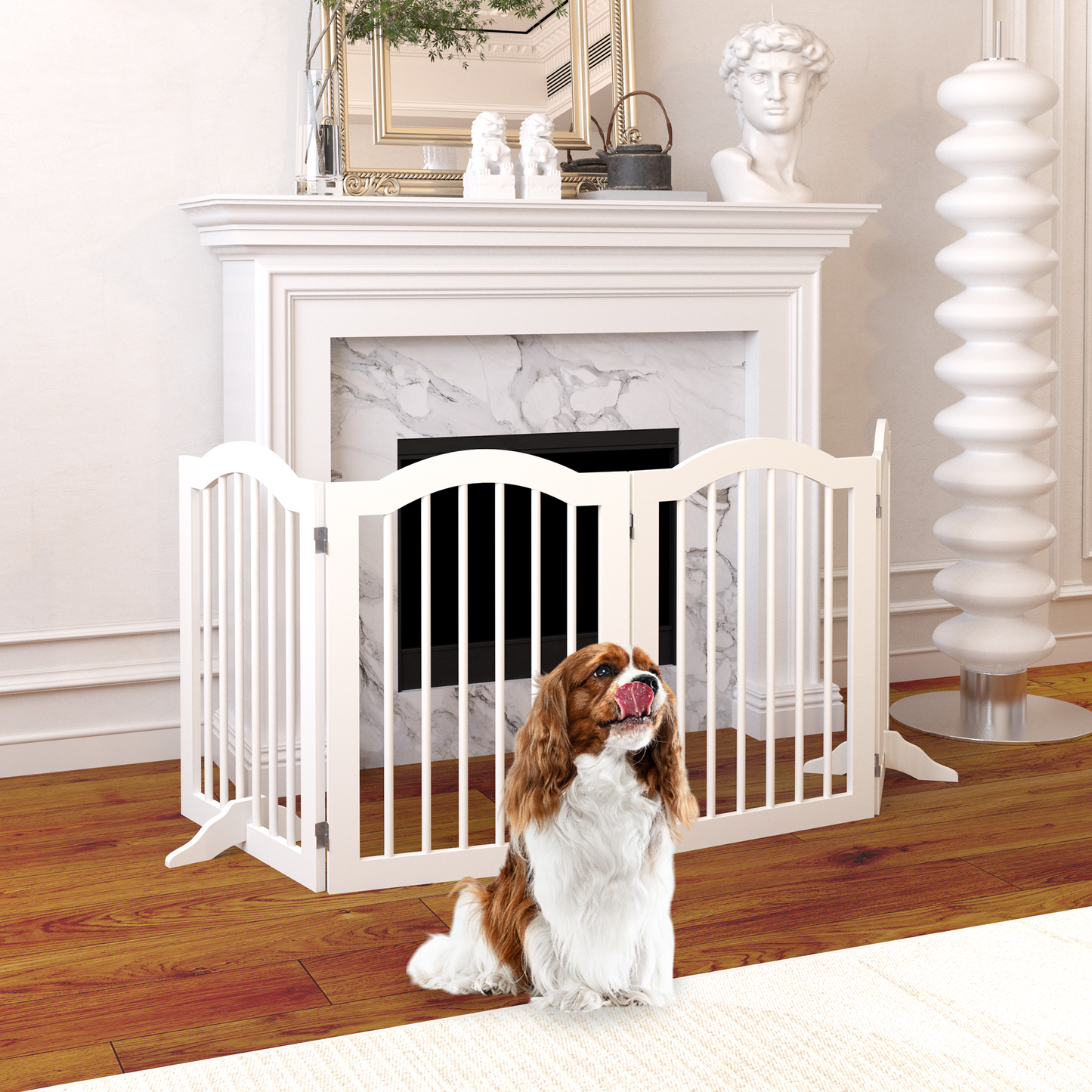 27.6' Height Tall Freestanding Pet Gate, 4 Panels Foldable Dog Gate, Solid Wood Folding Safety Fence Wooden Dog Gate with 2 pcs Support Feet Ideal for Stairs, Doorways, Halls, Kitchens, Heavy Duty Gat
