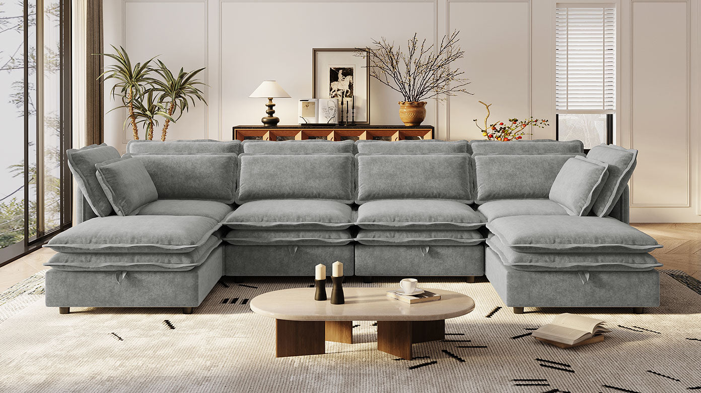 U_Style Double-Layer Cushion Modern Large U-Shaped Modular Sofa, Freely Combinable 6-Seater with Storage Function, Convertible to Sofa Bed, Perfect for Living Rooms, Offices, and Apartments