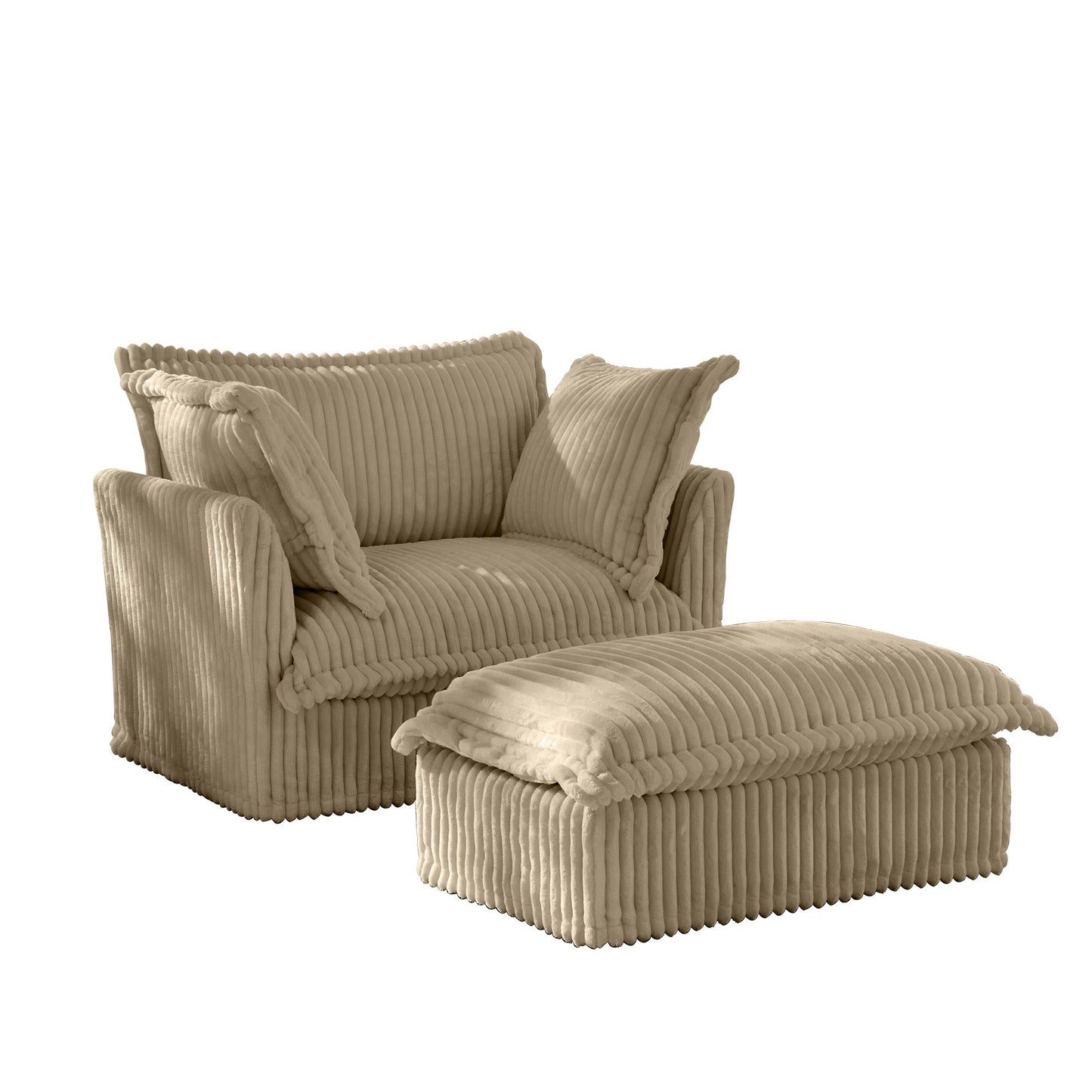 Upholstered Slipcovered Armchair with Ottoman, Deep Seat Armchair W/ Wide Ottoman for Living Room, Armchair Sets with Large Soft Pillows(Set of 2), Camel Corduroy Fabric
