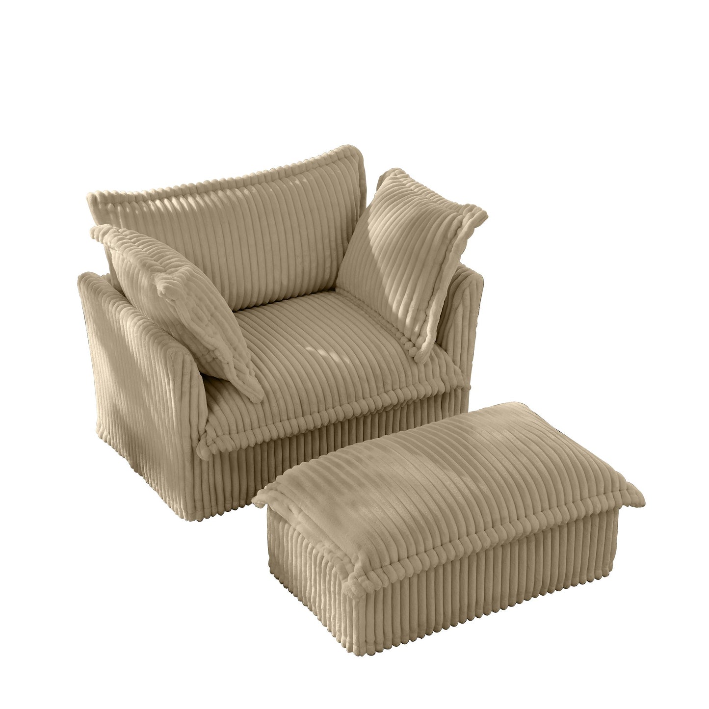 Upholstered Slipcovered Armchair with Ottoman, Deep Seat Armchair W/ Wide Ottoman for Living Room, Armchair Sets with Large Soft Pillows(Set of 2), Camel Corduroy Fabric