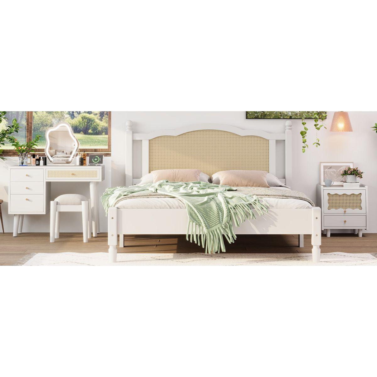 3 Pieces Bedroom Set with Queen Size Wooden Bed Frame, 1 Vintage Nightstand and 1 Makeup Vanity Set with Stool,White