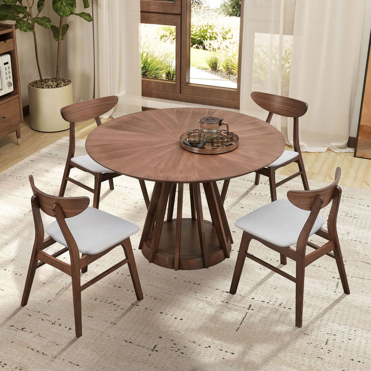 (1 Table+4 Chairs)Modern Dining Table Set of 5 pcs,Wooden Dining Table and Upholstered Chairs for Living Room,Round Kitchen Set with Sturdy Legs for Restaurant,Walnut