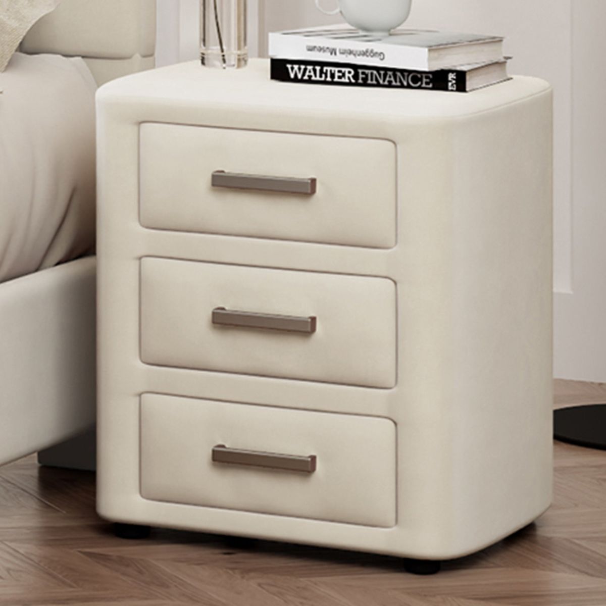 3 Pieces Bedroom Sets Queen Size Velvet Upholstered Platform Bed Vertical Channel Tufted Headboard and Two Three-drawer Nightstands,Beige