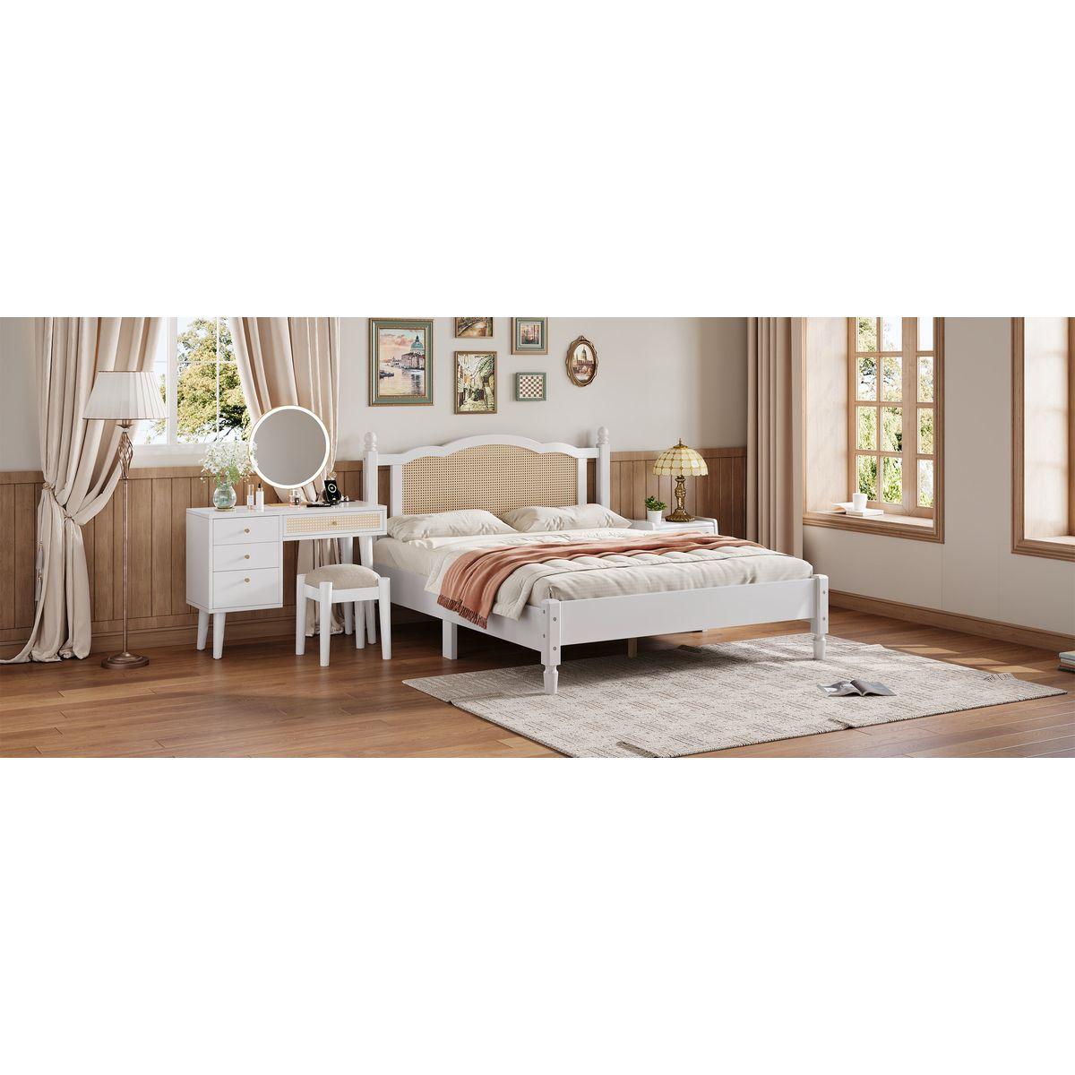 3 Pieces Bedroom Set with Queen Size Wooden Bed Frame, 1 Vintage Nightstand and 1 Makeup Vanity Set with Stool,White