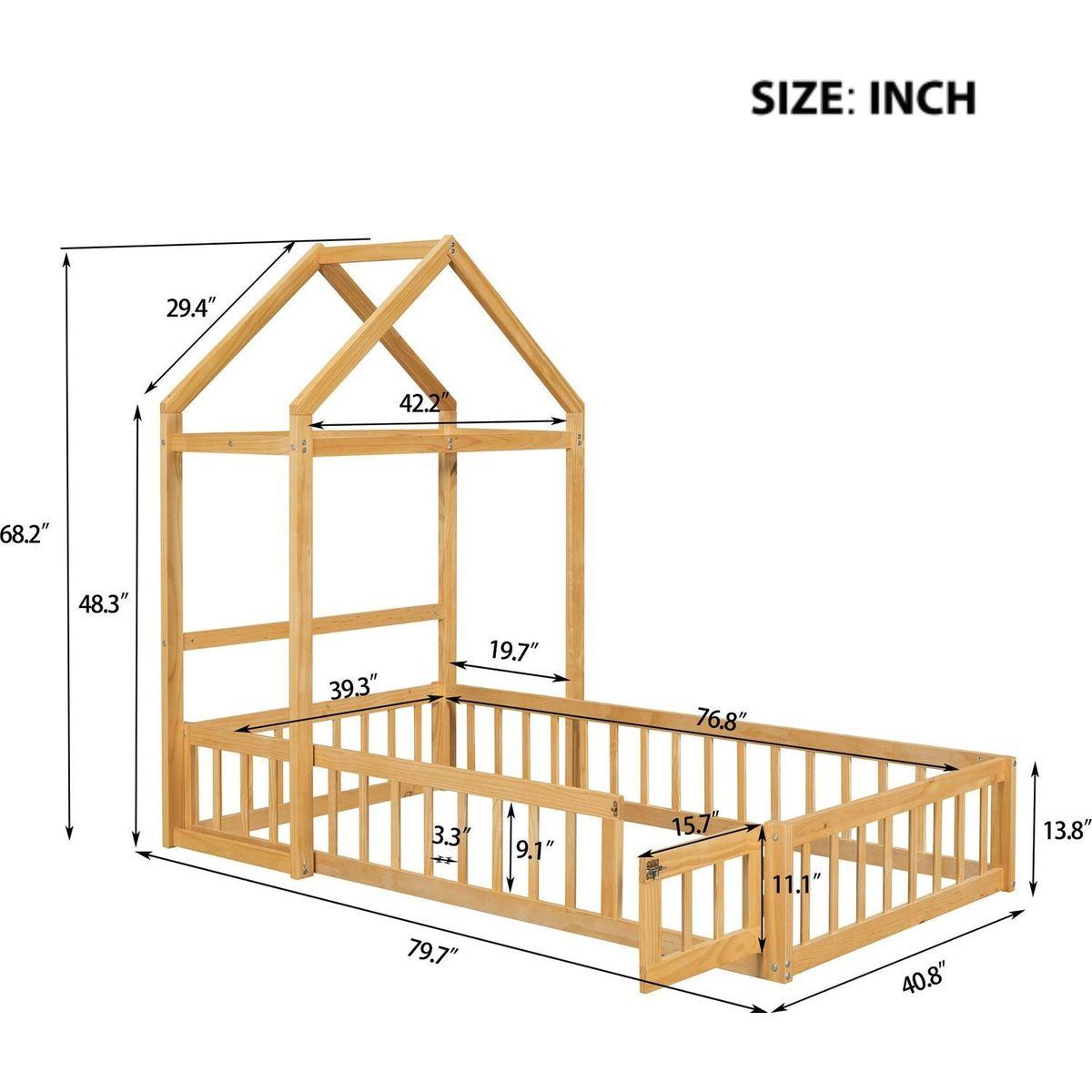 Wooden Floor Bed with Fence Railings and Detachable House Shape Headboard, Twin Size Bed with Kids Dress Up Rack, Kids Montessori Style Playhouse Frame for Girls Boys, Natural