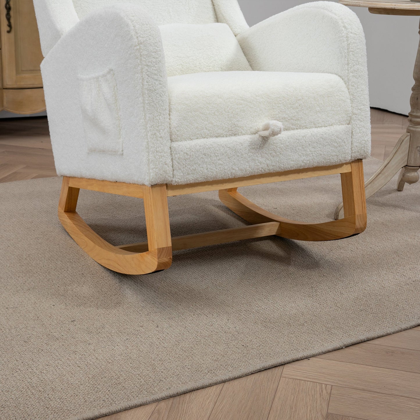 25.4'W Modern Rocking Chair for Nursery, Mid Century Accent Arm Rocker With Retractable Footrest, Side Pocket, Comfy Upholstered Wingback Wooden Glider Chair for Living Room Baby Kids Room. Ivory