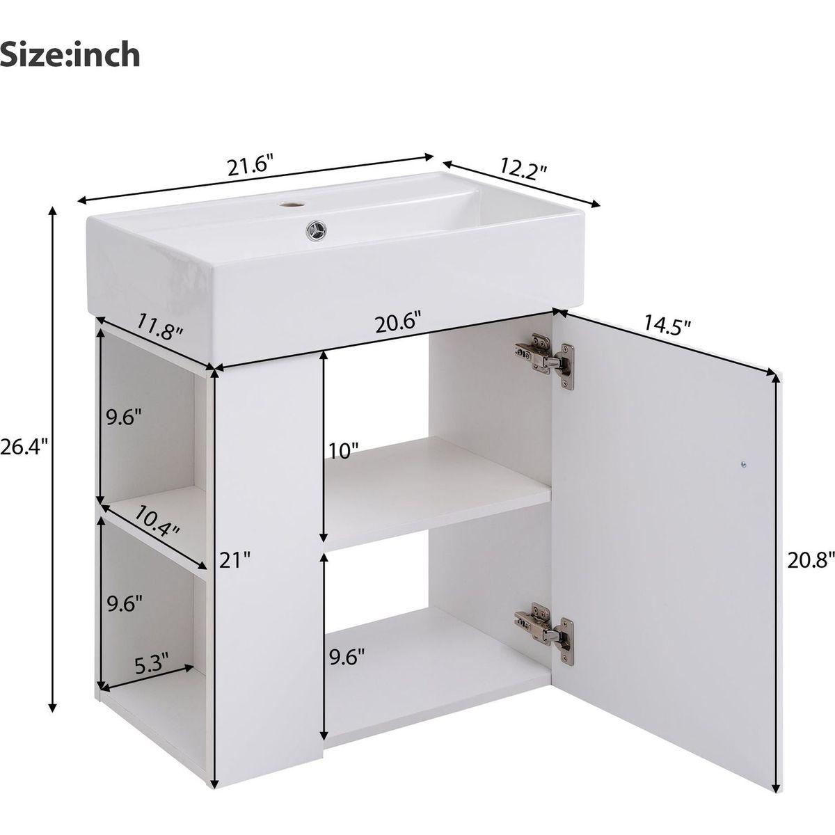 21.6inch Modern Floating Bathroom Vanity with Ceramic Basin - Perfect for Small Bathrooms, Left side storage