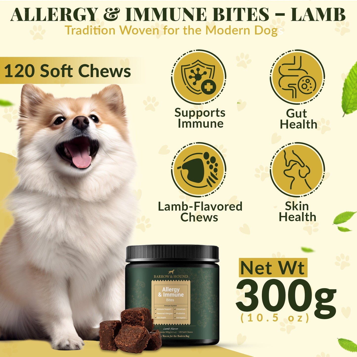 Allergy & Immune Bites for Dogs β Colostrum, Probiotics & Omega-3 β Seasonal Allergy & Itchy Skin Relief β Peanut Butter Flavor