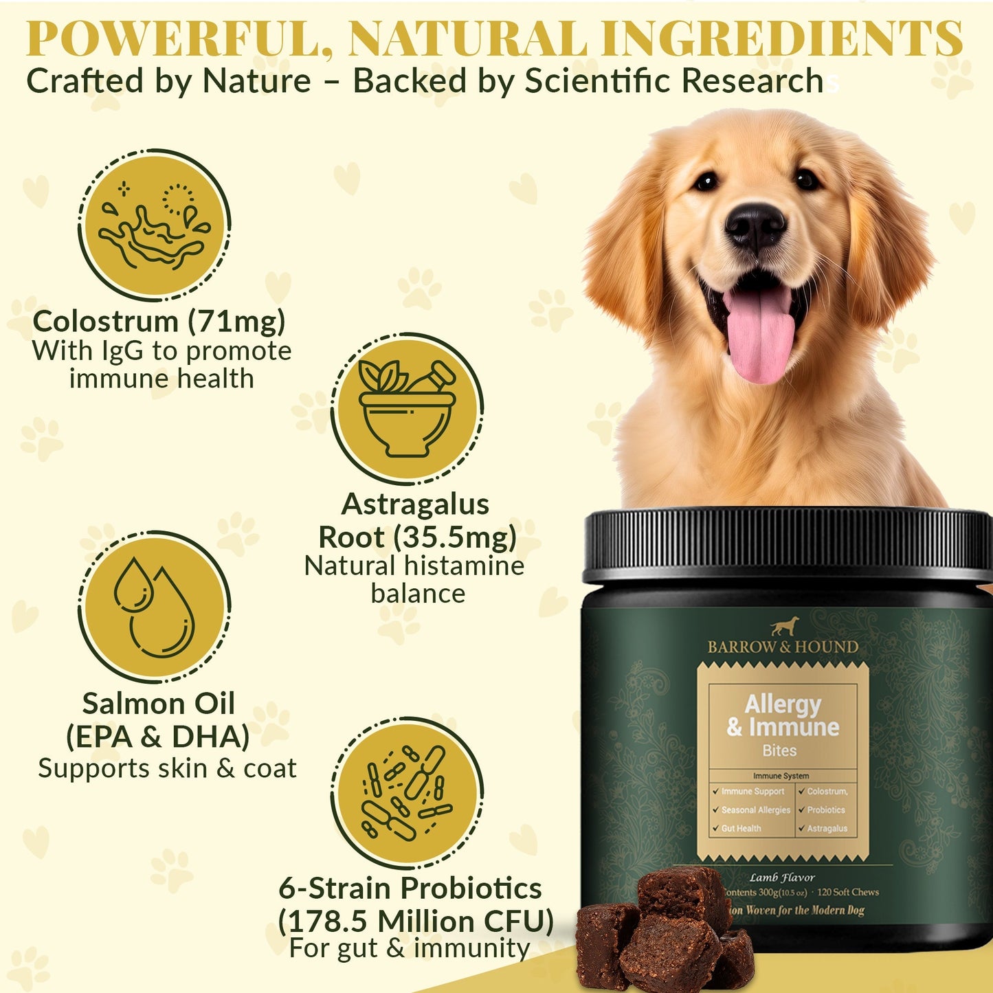 Allergy & Immune Bites for Dogs β Colostrum, Probiotics & Omega-3 β Seasonal Allergy & Itchy Skin Relief β Peanut Butter Flavor