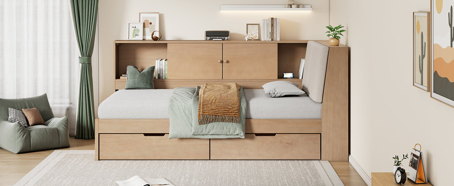 Wooden Twin Size L-shaped Daybed Corner Bed Under-bed Drawers with Storage Bookcase and Upholstered Headboard and USB Charging Ports for Limited Space,Natural