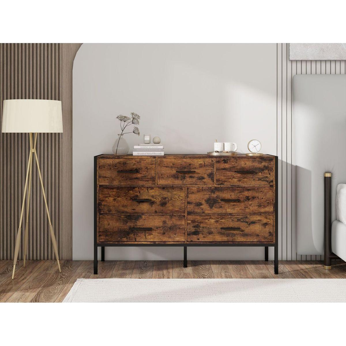 Wood Dresser with 7 Drawers, Wooden Storage Closet for Bedroom, Solid Clothes Cabinet with Sturdy Steel Frame, 48.58"Wx15.75"Dx31.22"H, 48 inch, Rustic Brown
