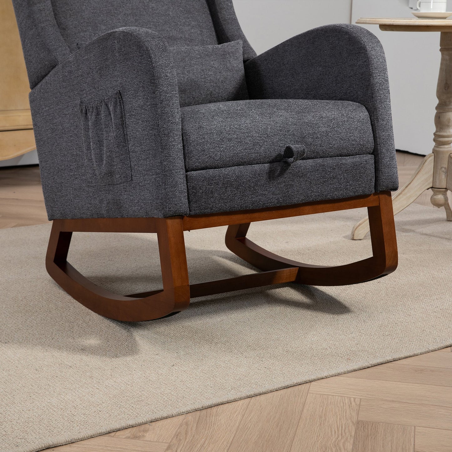 25.4'W Modern Rocking Chair for Nursery, Mid Century Accent Arm Rocker With Retractable Footrest, Side Pocket, Comfy Upholstered Wingback Wooden Glider Chair for Living Room Baby Kids Room. Charcoal