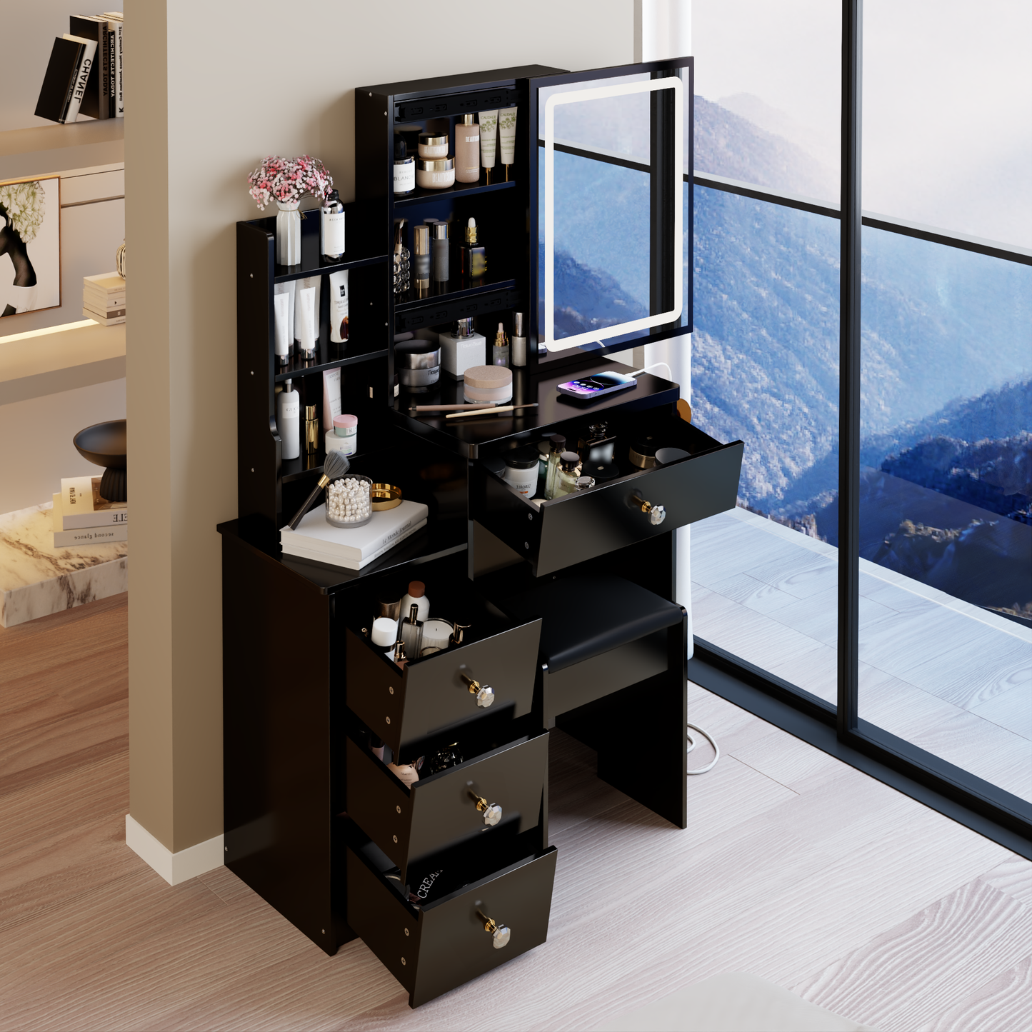 29.2' Small Size Left Bedside Cabinet Vanity Table + Cushioned Stool, 2 AC+2 USB Power Station, Hair dryer bracket, Extra Large Touch Control Sliding LED Mirror, Tri-color Switching, Brightness Adjust
