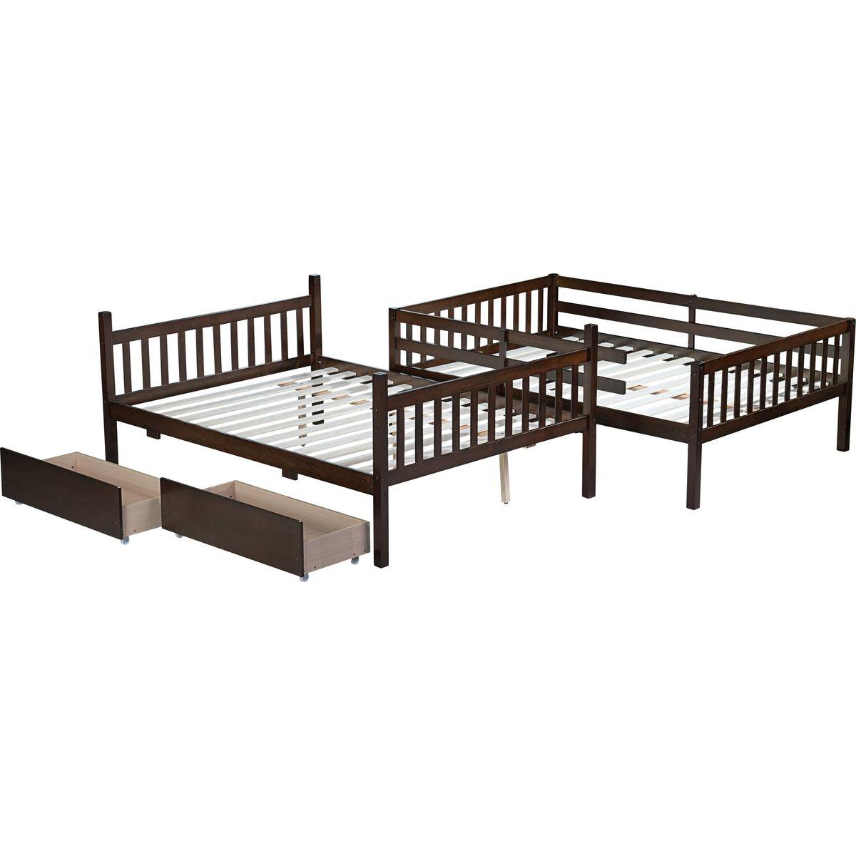 full Over full Rubber Wood Bunk Bed with 2 Drawers, Convertible into 2 full Beds, full Size Bunk Bed with Ladder and Safety Guardrails ,Espresso