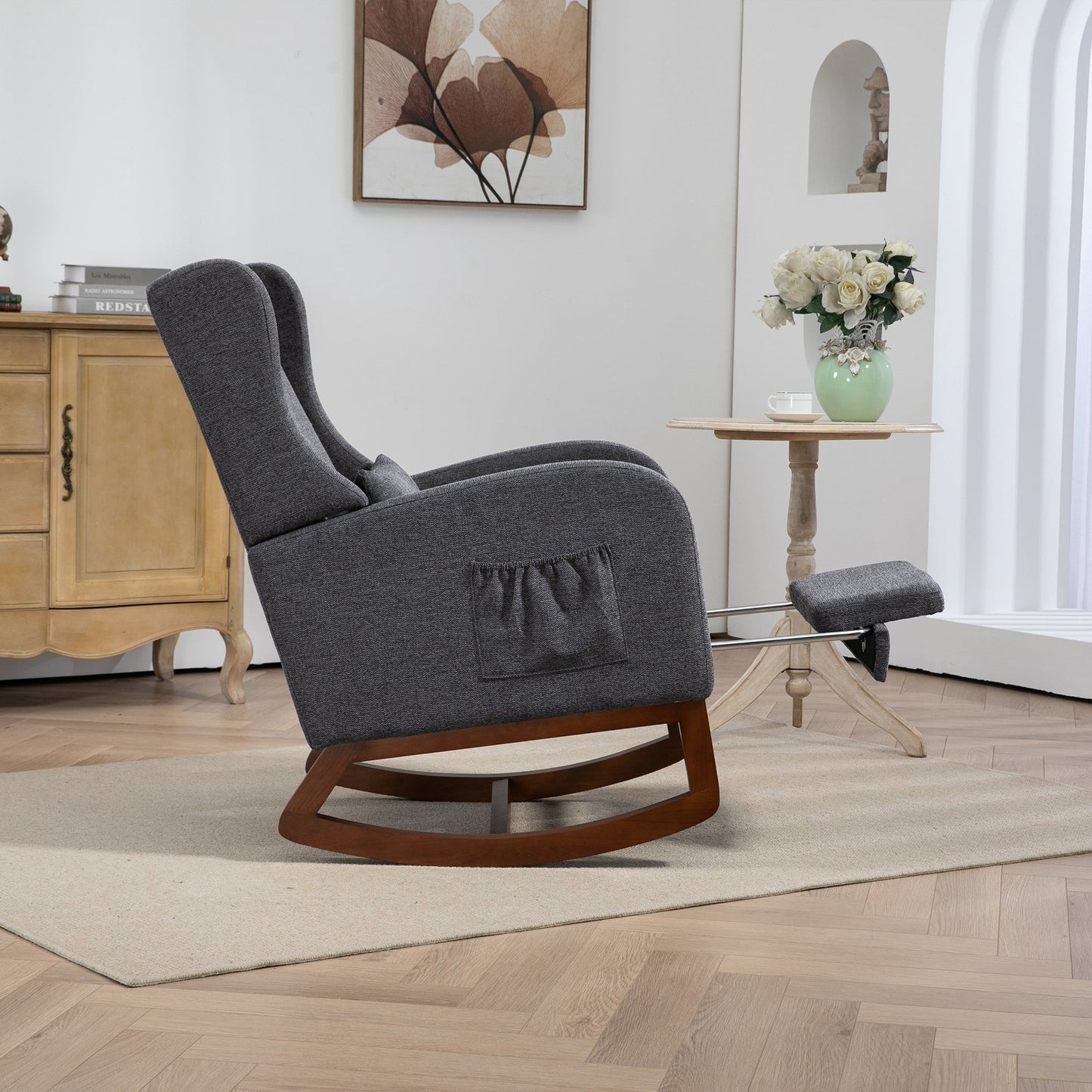 25.4'W Modern Rocking Chair for Nursery, Mid Century Accent Arm Rocker With Retractable Footrest, Side Pocket, Comfy Upholstered Wingback Wooden Glider Chair for Living Room Baby Kids Room. Charcoal