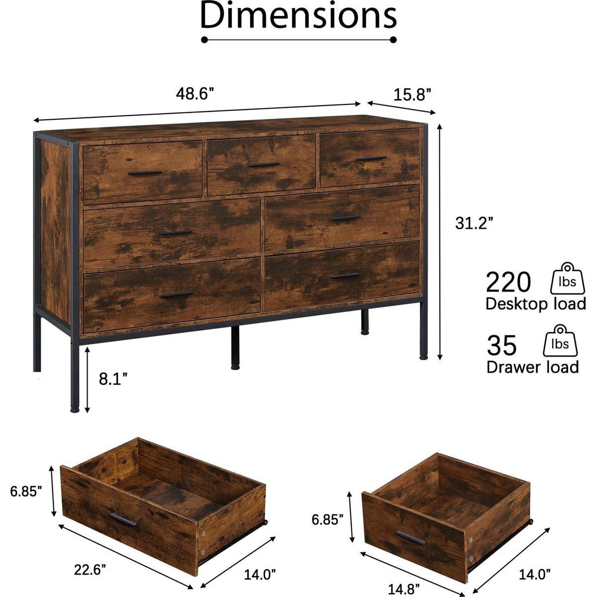 Wood Dresser with 7 Drawers, Wooden Storage Closet for Bedroom, Solid Clothes Cabinet with Sturdy Steel Frame, 48.58"Wx15.75"Dx31.22"H, 48 inch, Rustic Brown