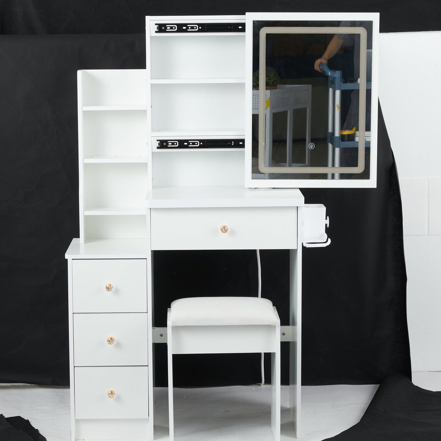 29.2' Small Size Left Bedside Cabinet Vanity Table + Cushioned Stool, 2 AC+2 USB Power Station, Hair dryer bracket, Extra Large Touch Control Sliding LED Mirror, Tri-color Switching, Brightness Adjust