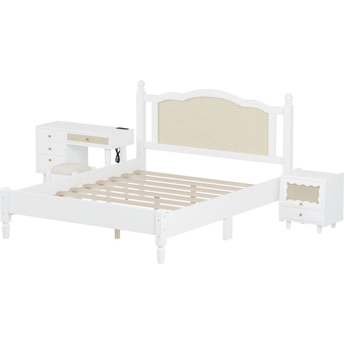 3 Pieces Bedroom Set with Queen Size Wooden Bed Frame, 1 Vintage Nightstand and 1 Makeup Vanity Set with Stool,White