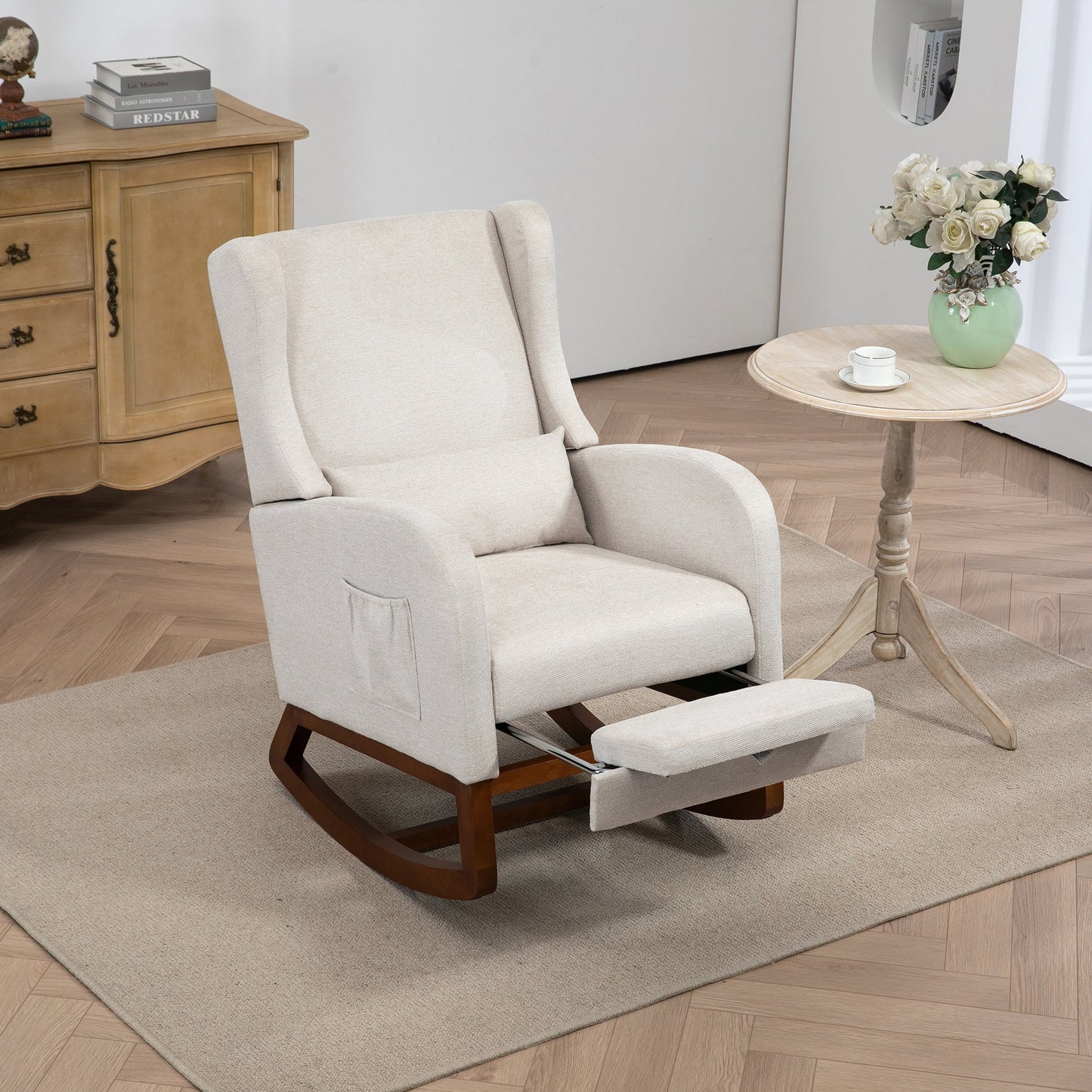 25.4'W Modern Rocking Chair for Nursery, Mid Century Accent Arm Rocker With Retractable Footrest, Side Pocket, Comfy Upholstered Wingback Wooden Glider Chair for Living Room Baby Kids Room. Beige