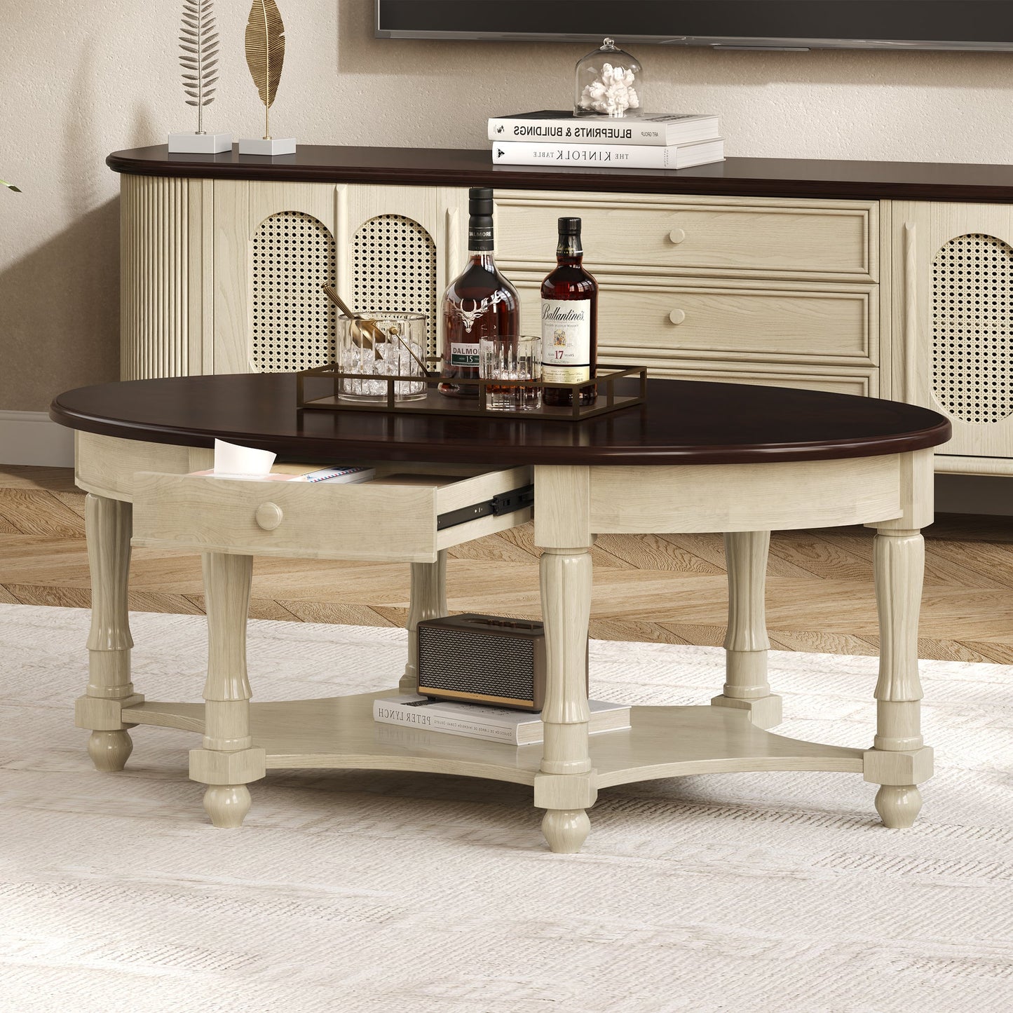 Vintage Oval Coffee Table with Drawer and Storage Shelf, Antique Cocktail Table in 45', French Country Accent Table for Living Room,Beige and Espresso