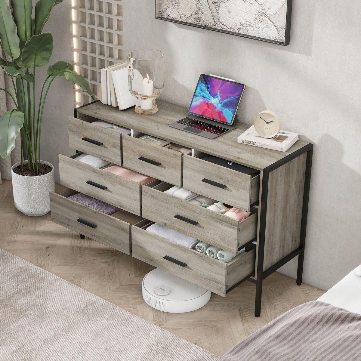 Wood Dresser with 7 Drawers, Wooden Storage Closet for Bedroom, Solid Clothes Cabinet with Sturdy Steel Frame, 48.58"Wx15.75"Dx31.22"H, 48 inch, Rustic Grey