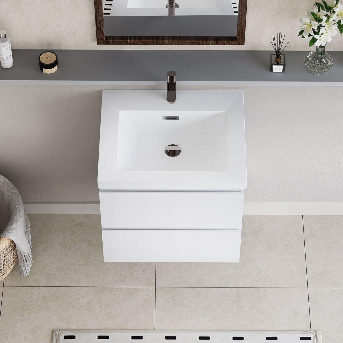 24" Floating Bathroom Vanity with Sink, Modern Wall-Mounted Bathroom Storage Vanity Cabinet with Resin Top Basin and Soft Close Drawers, Glossy White