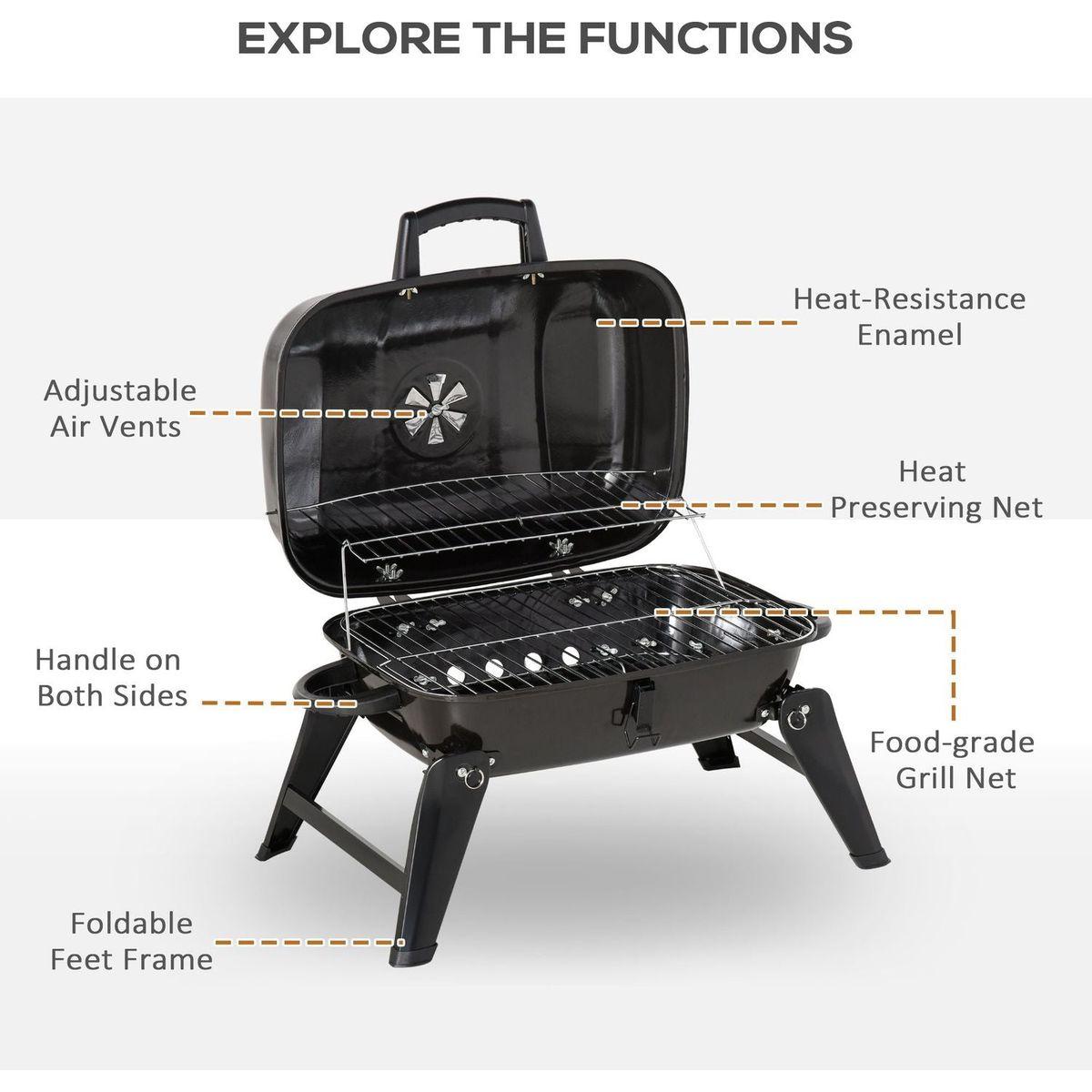 14" Portable Charcoal Grill, Tabletop Small BBQ Grill for Outdoor Cooking, Camping, Tailgating, Enamel Coated, Vent, Folding Legs, Black