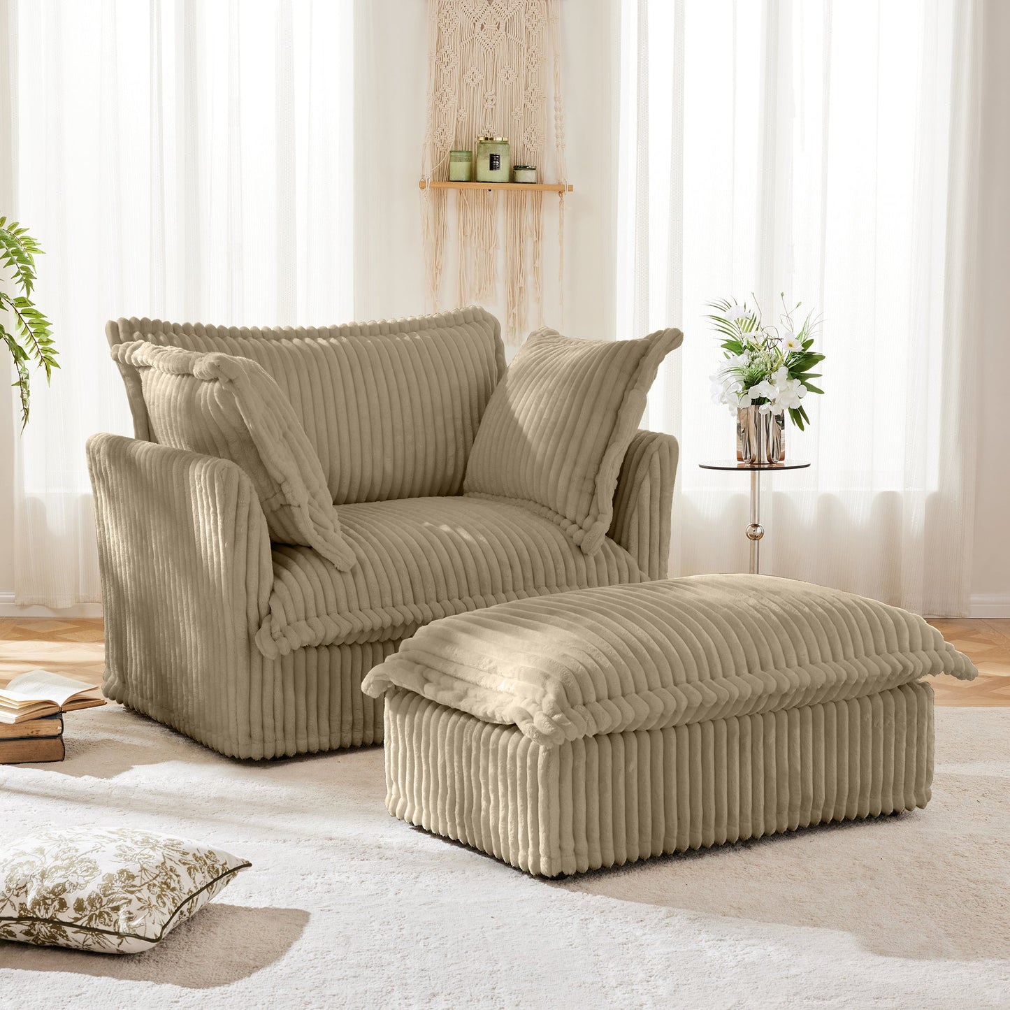 Upholstered Slipcovered Armchair with Ottoman, Deep Seat Armchair W/ Wide Ottoman for Living Room, Armchair Sets with Large Soft Pillows(Set of 2), Camel Corduroy Fabric
