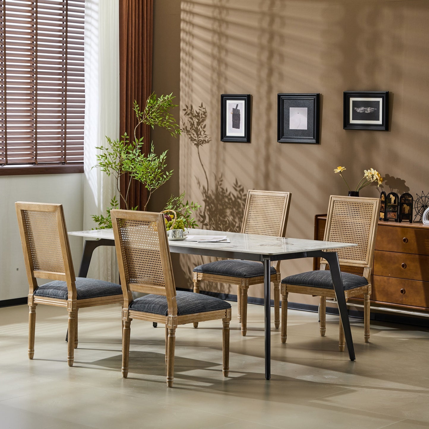 Vintage Inspired French Country Dining Chairs Set of 4 - Elegant Cane Backrest & Upholstered Seats - Rustic Weathered Finish - Solid Rubberwood Frame - Blue Gray